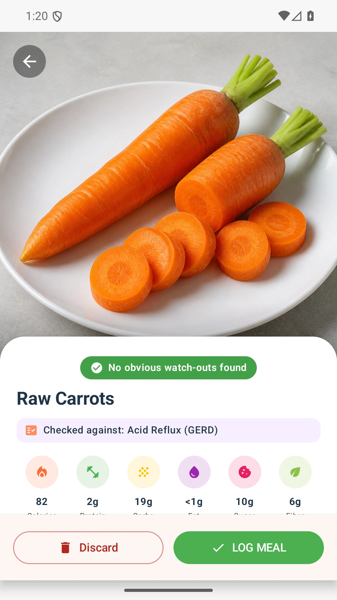 DietVox Carrot scan showing a GREEN acid reflux rating