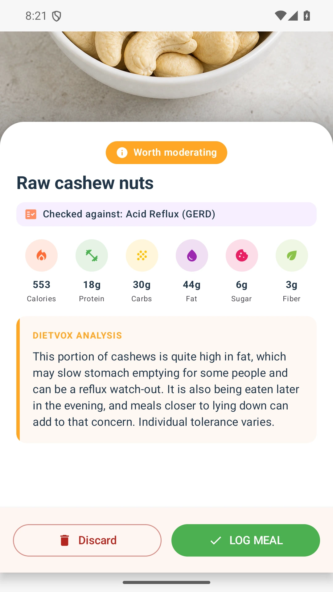 DietVox acid reflux analysis for Cashews with the verified rating explanation