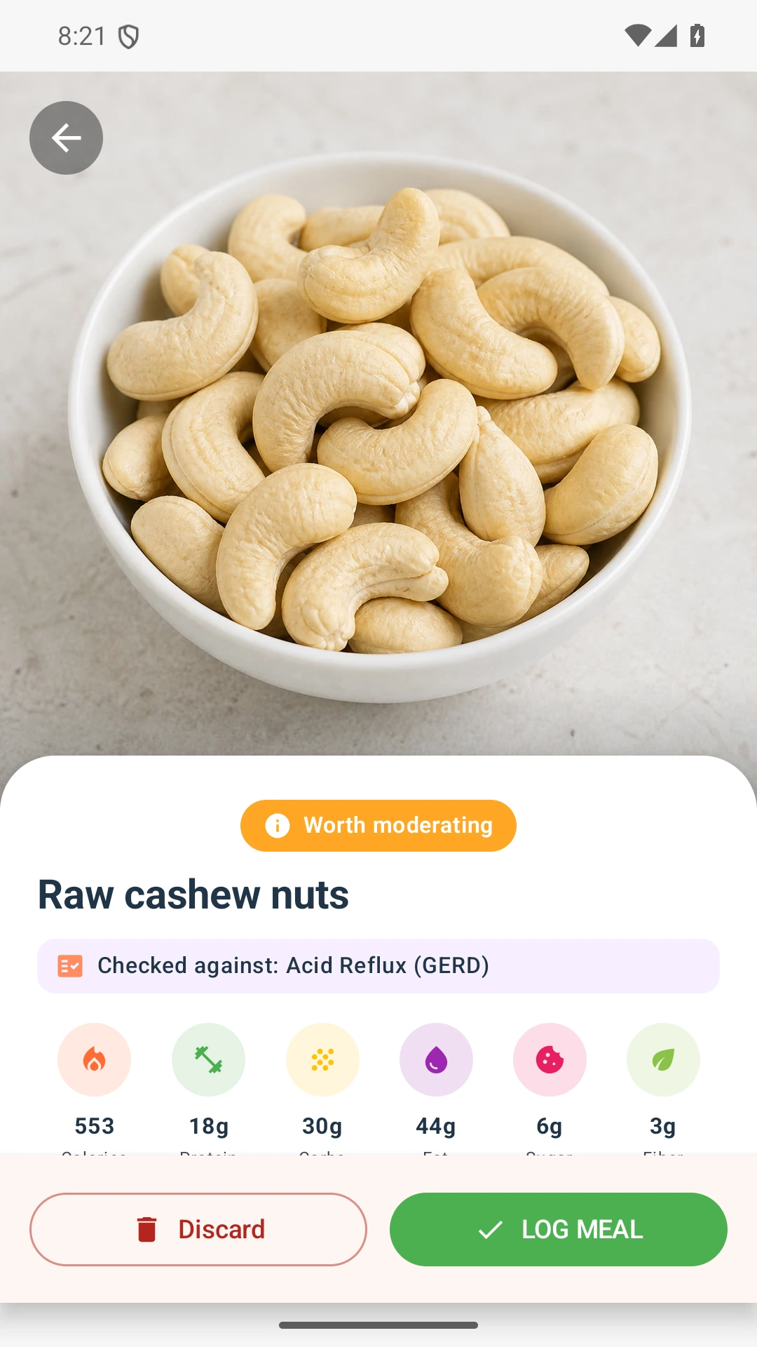 DietVox Cashews scan showing an AMBER acid reflux rating