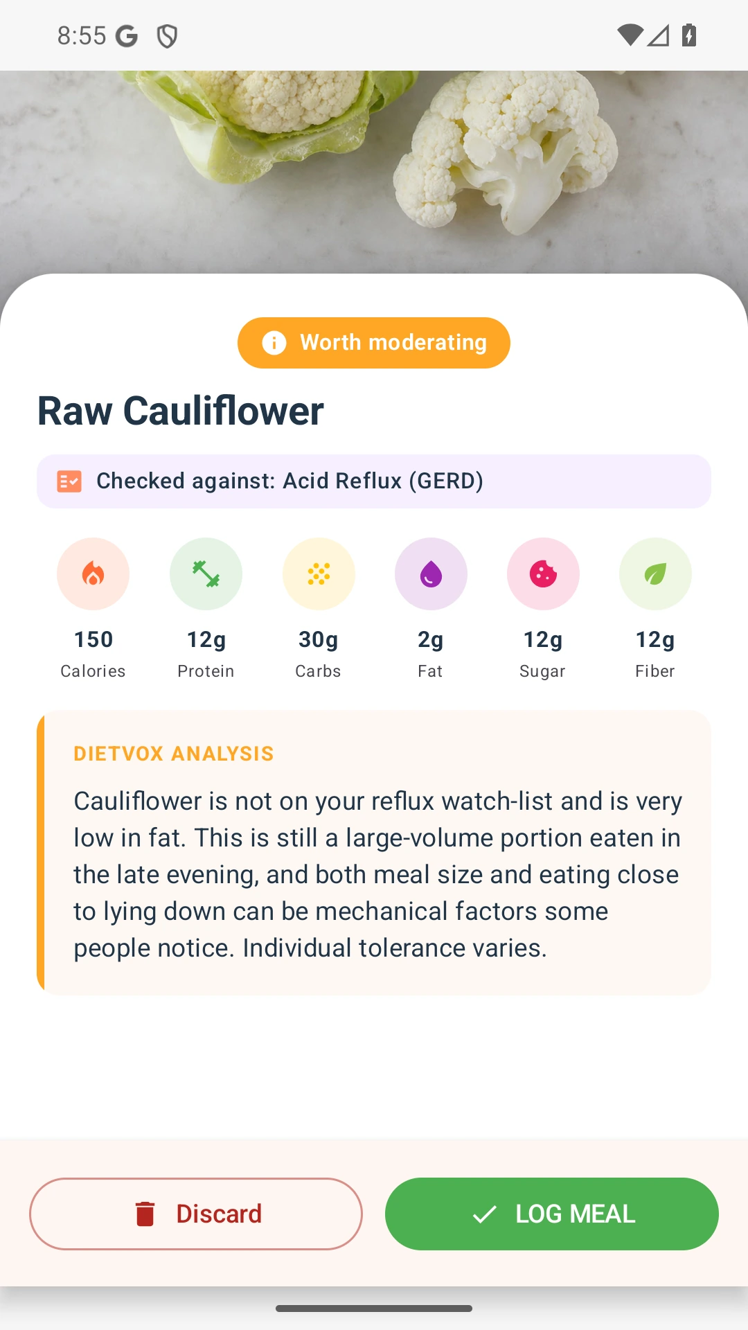 DietVox acid reflux analysis for Cauliflower with the verified rating explanation