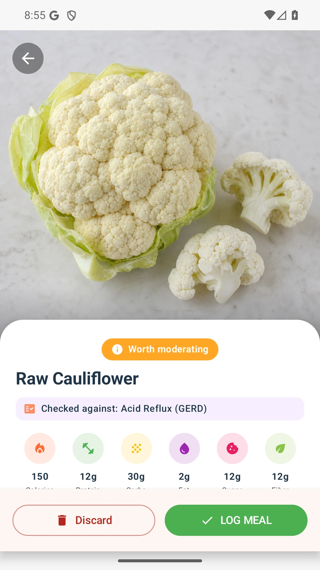 DietVox Cauliflower scan showing an AMBER acid reflux rating