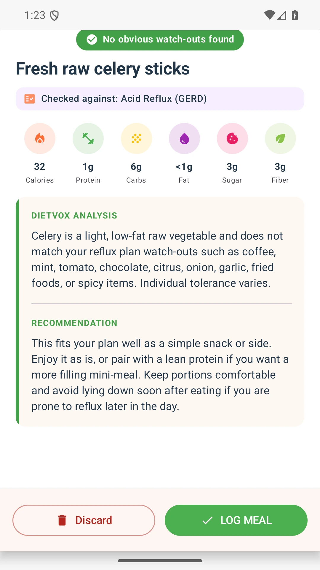 DietVox acid reflux analysis for Celery with the verified rating explanation