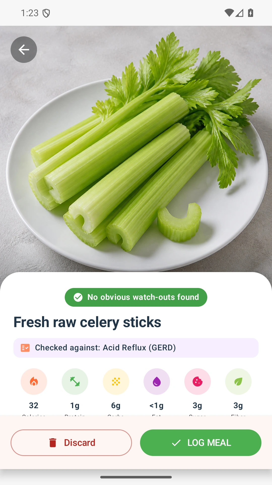 DietVox Celery scan showing a GREEN acid reflux rating