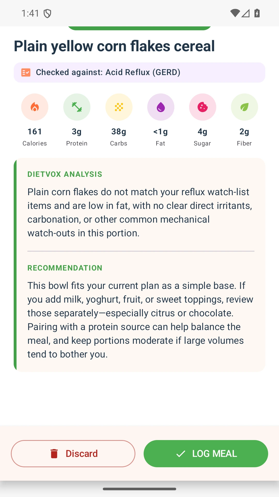 DietVox acid reflux analysis for Cereal with the verified rating explanation