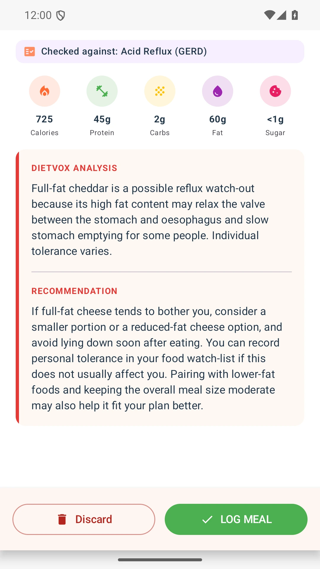 DietVox acid reflux analysis for Cheese with the verified rating explanation