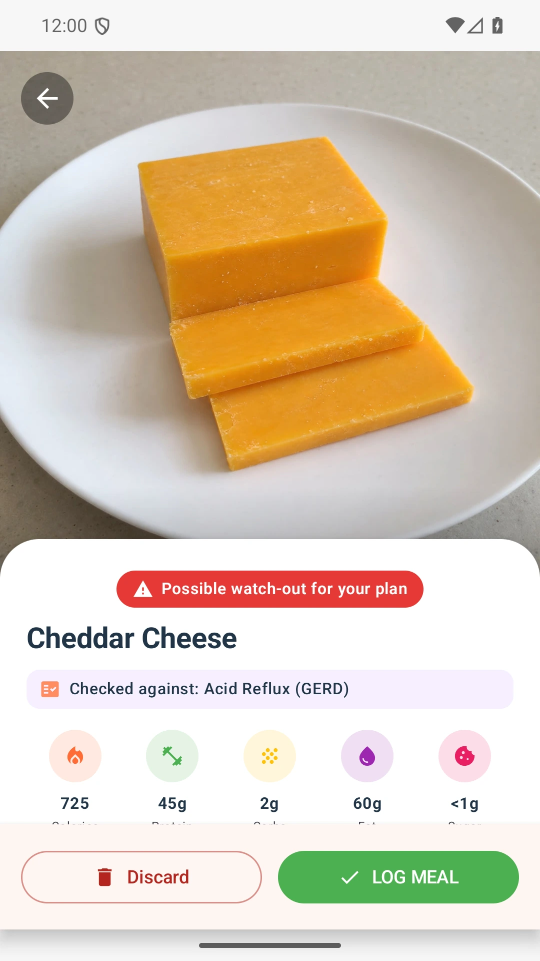 DietVox Cheese scan showing a RED acid reflux rating