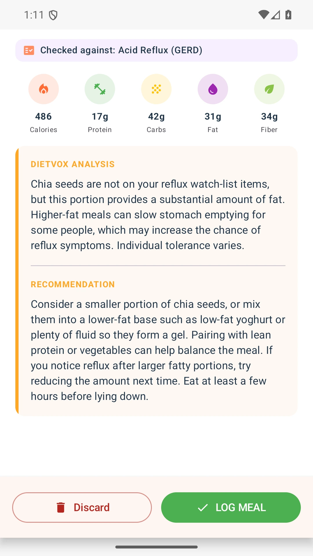 DietVox acid reflux analysis for Chia Seeds with the verified rating explanation