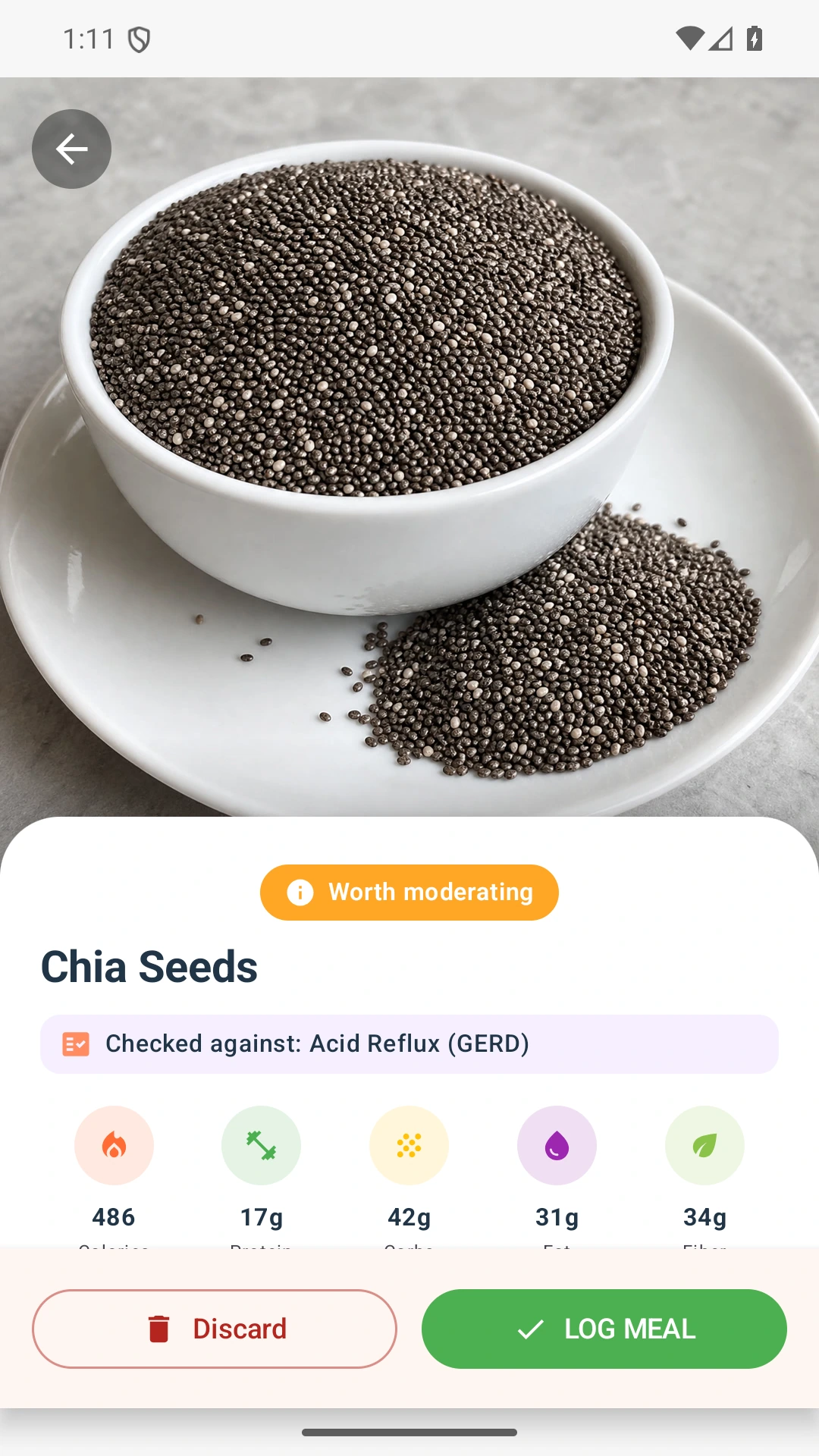 DietVox Chia Seeds scan showing an AMBER acid reflux rating