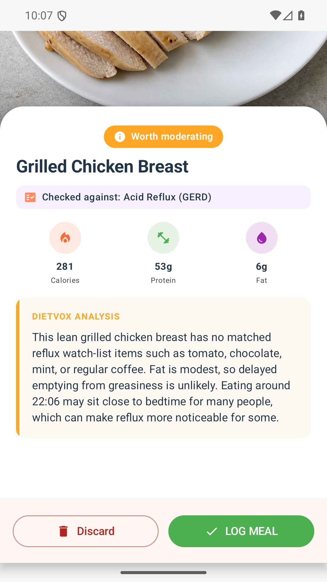 DietVox acid reflux analysis for Chicken Breast with the verified rating explanation