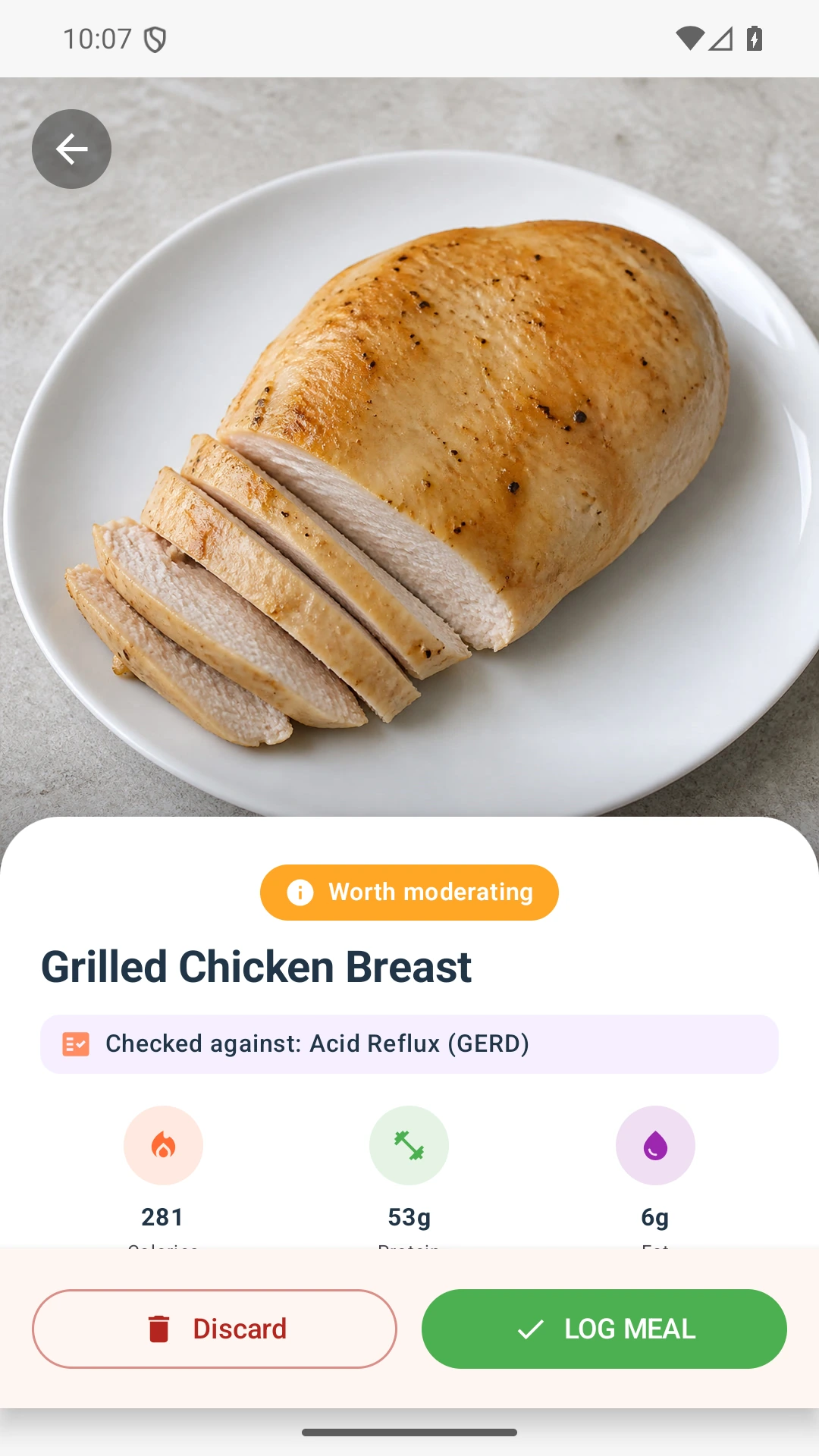 DietVox Chicken Breast scan showing an AMBER acid reflux rating
