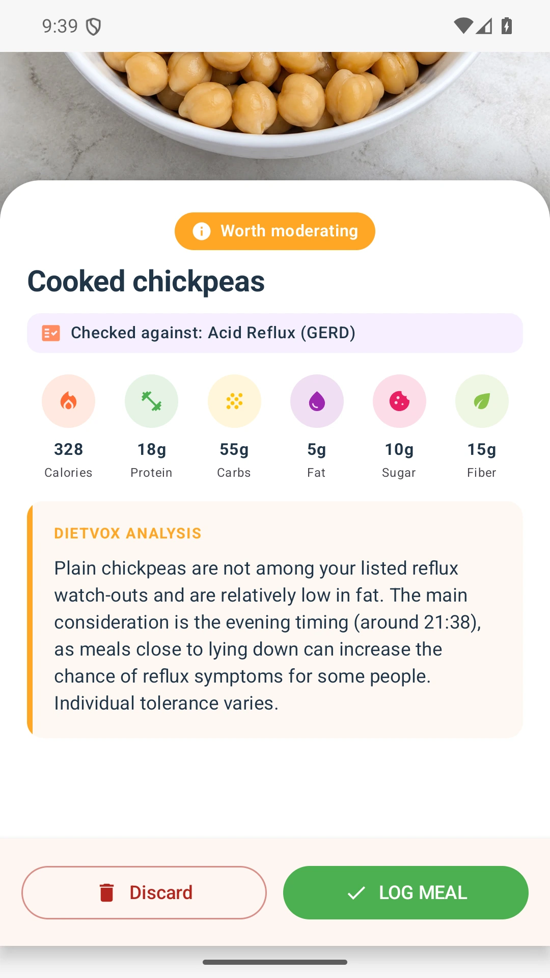 DietVox acid reflux analysis for Chickpeas with the verified rating explanation