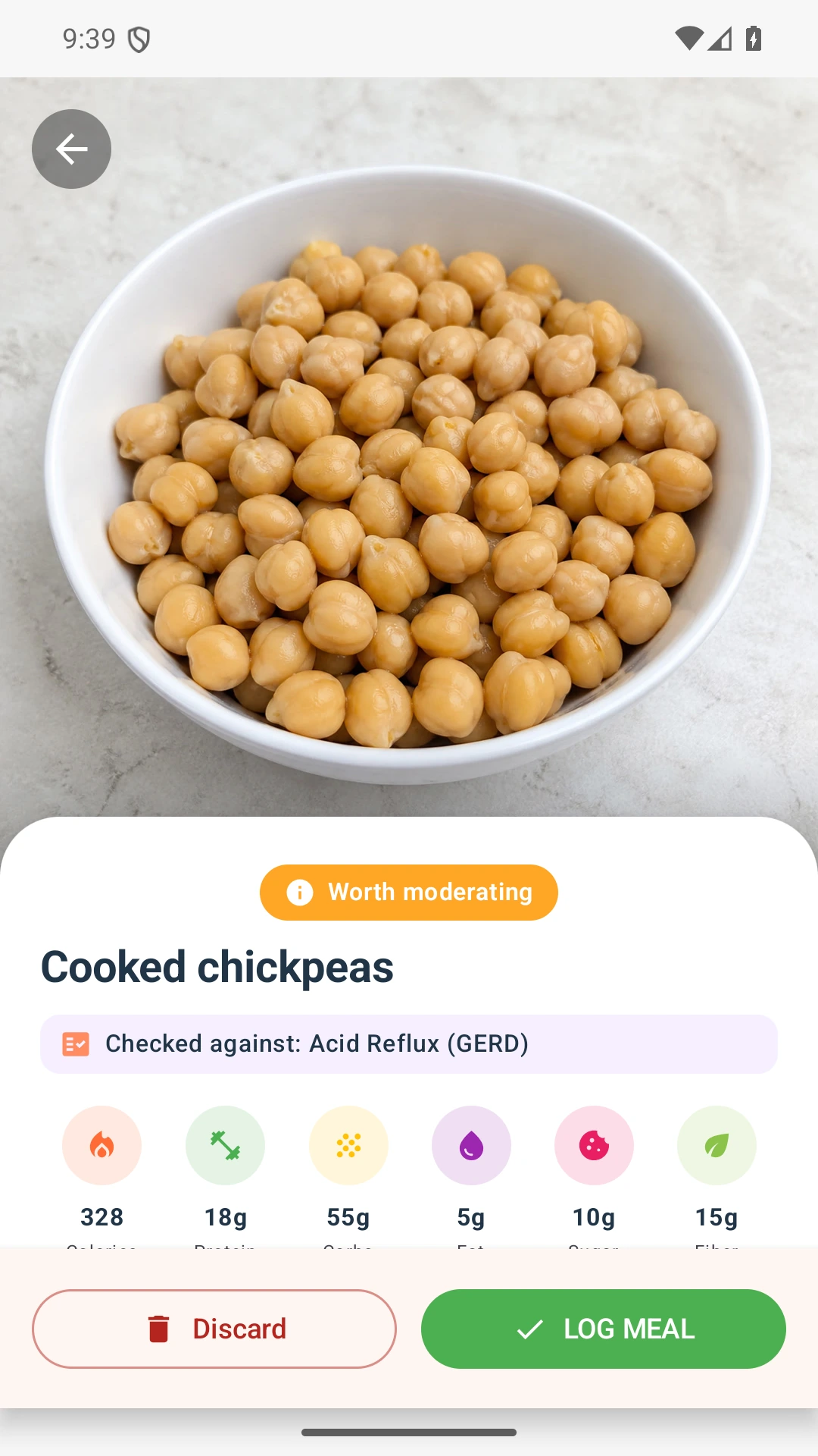 DietVox Chickpeas scan showing an AMBER acid reflux rating