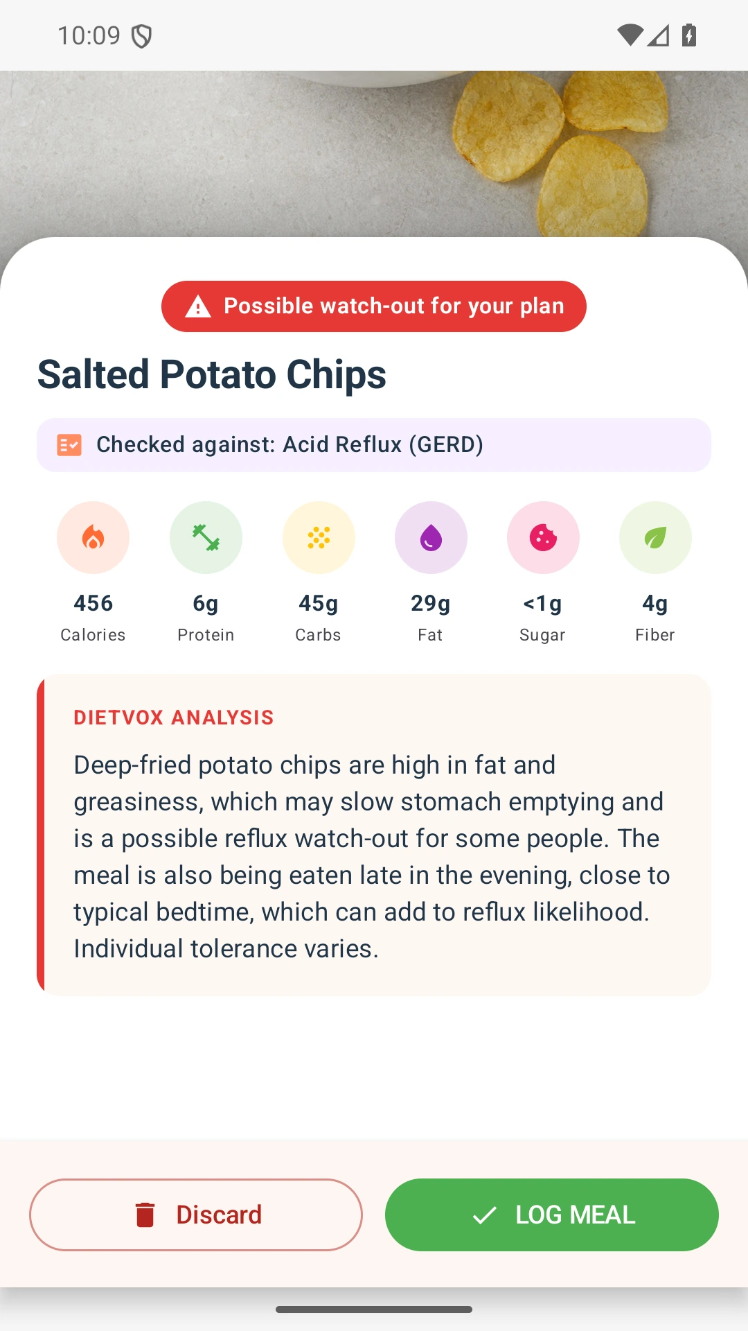 DietVox acid reflux analysis for Chips with the verified rating explanation