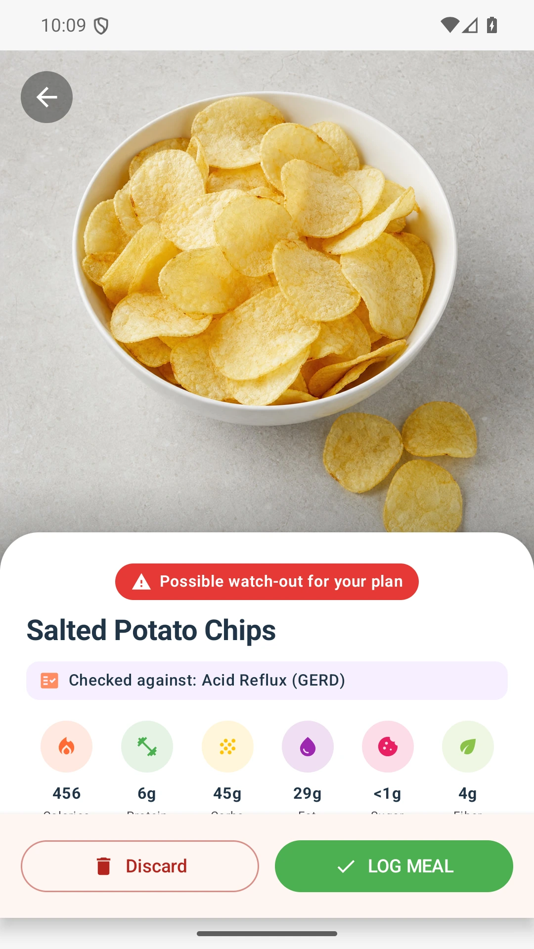 DietVox Chips scan showing a RED acid reflux rating