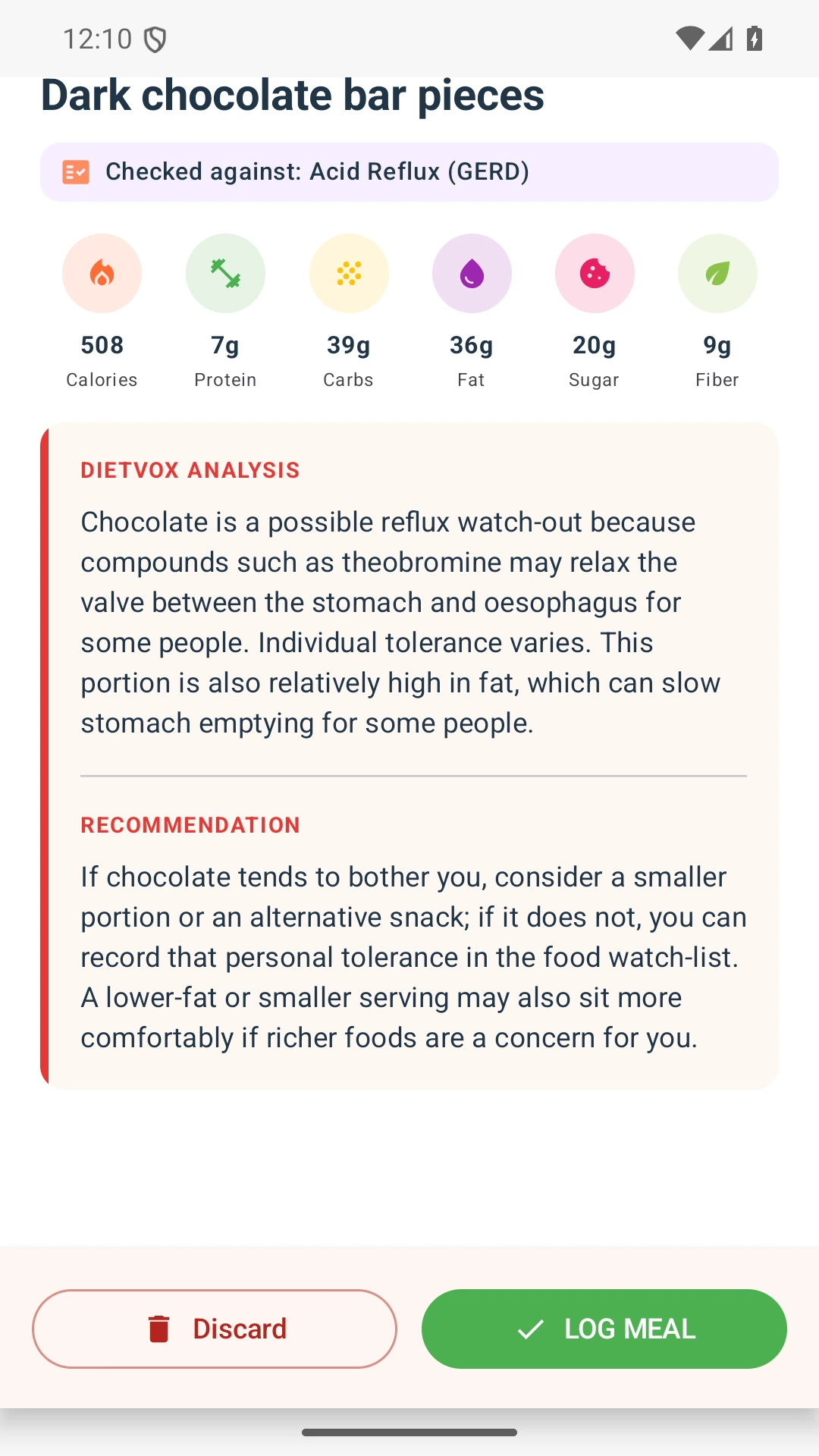DietVox acid reflux analysis for Chocolate with the verified rating explanation