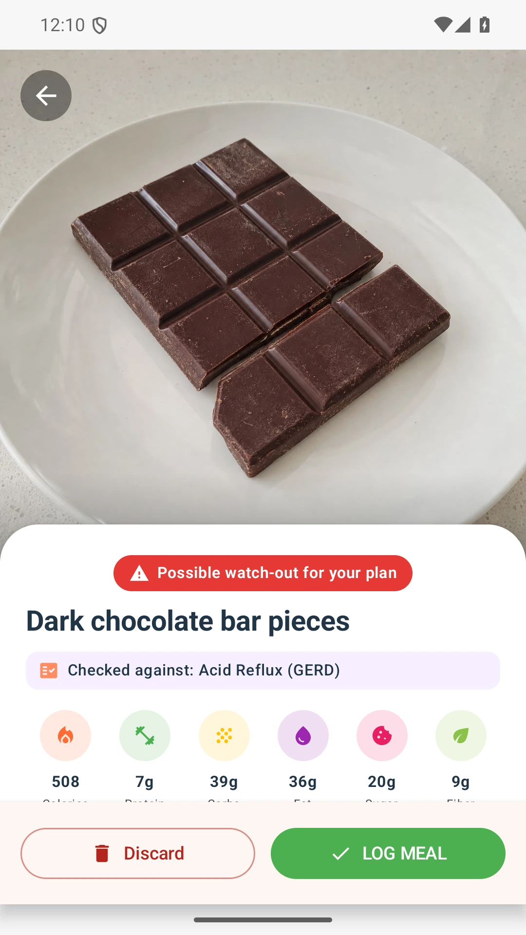 DietVox Chocolate scan showing a RED acid reflux rating
