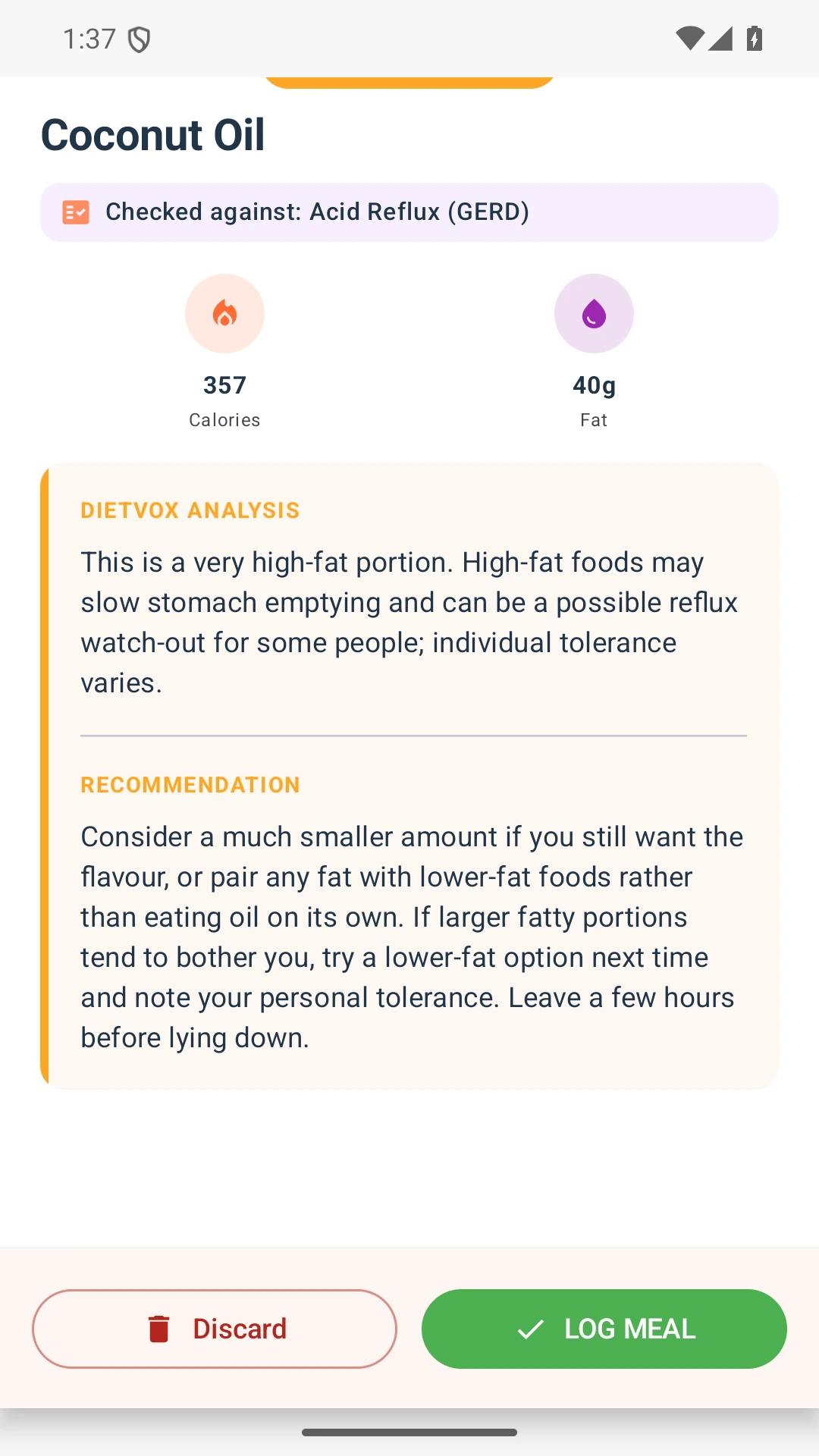 DietVox acid reflux analysis for Coconut Oil with the verified rating explanation