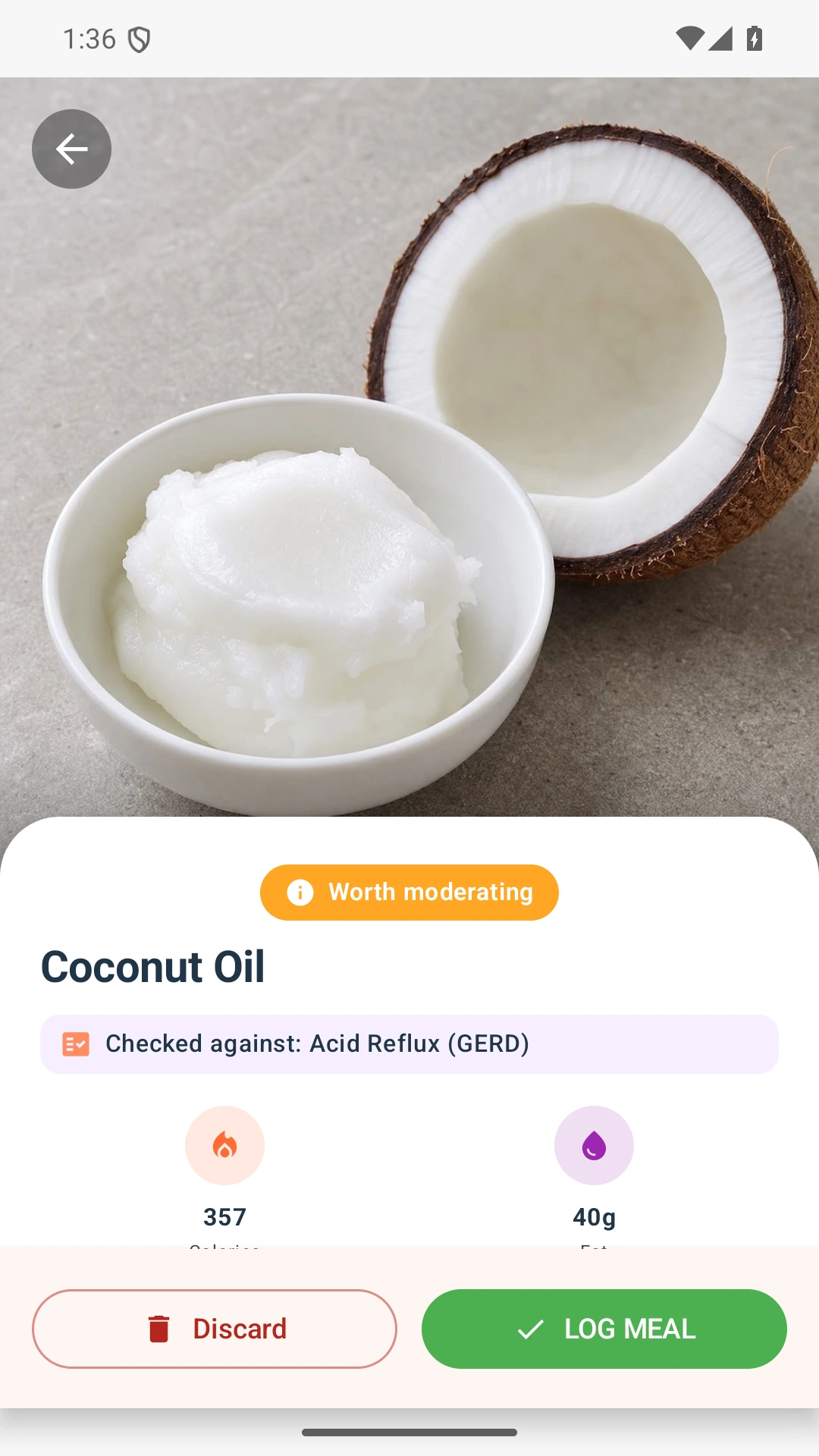 DietVox Coconut Oil scan showing an AMBER acid reflux rating