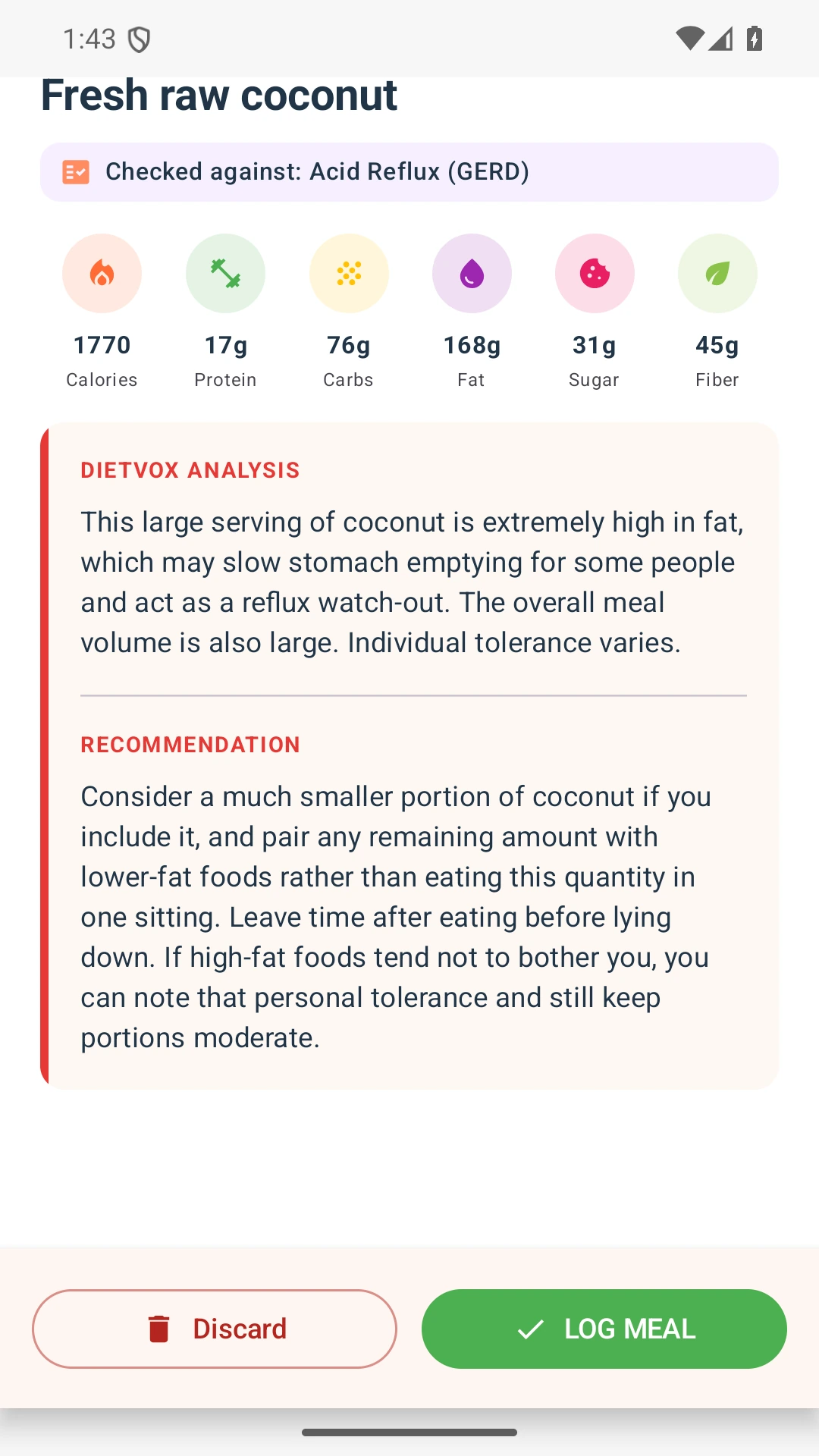 DietVox acid reflux analysis for Coconut with the verified rating explanation