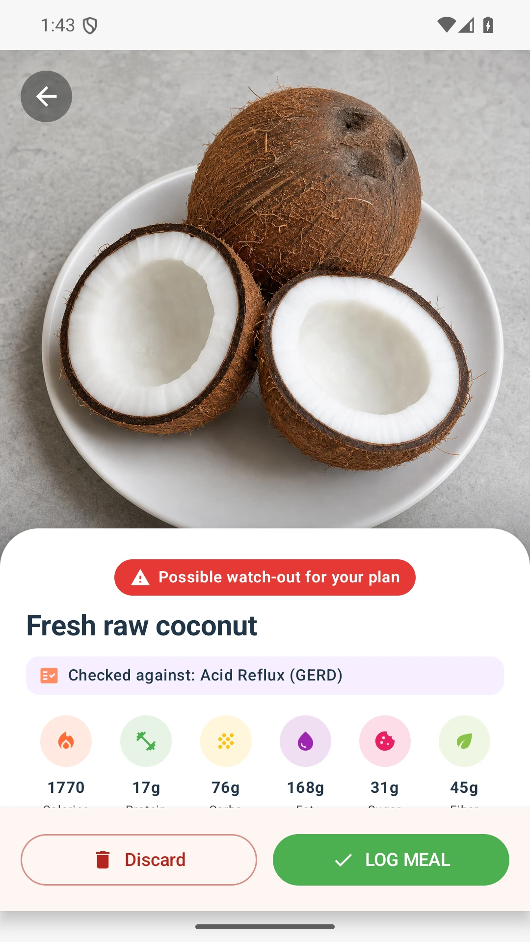 DietVox Coconut scan showing a RED acid reflux rating