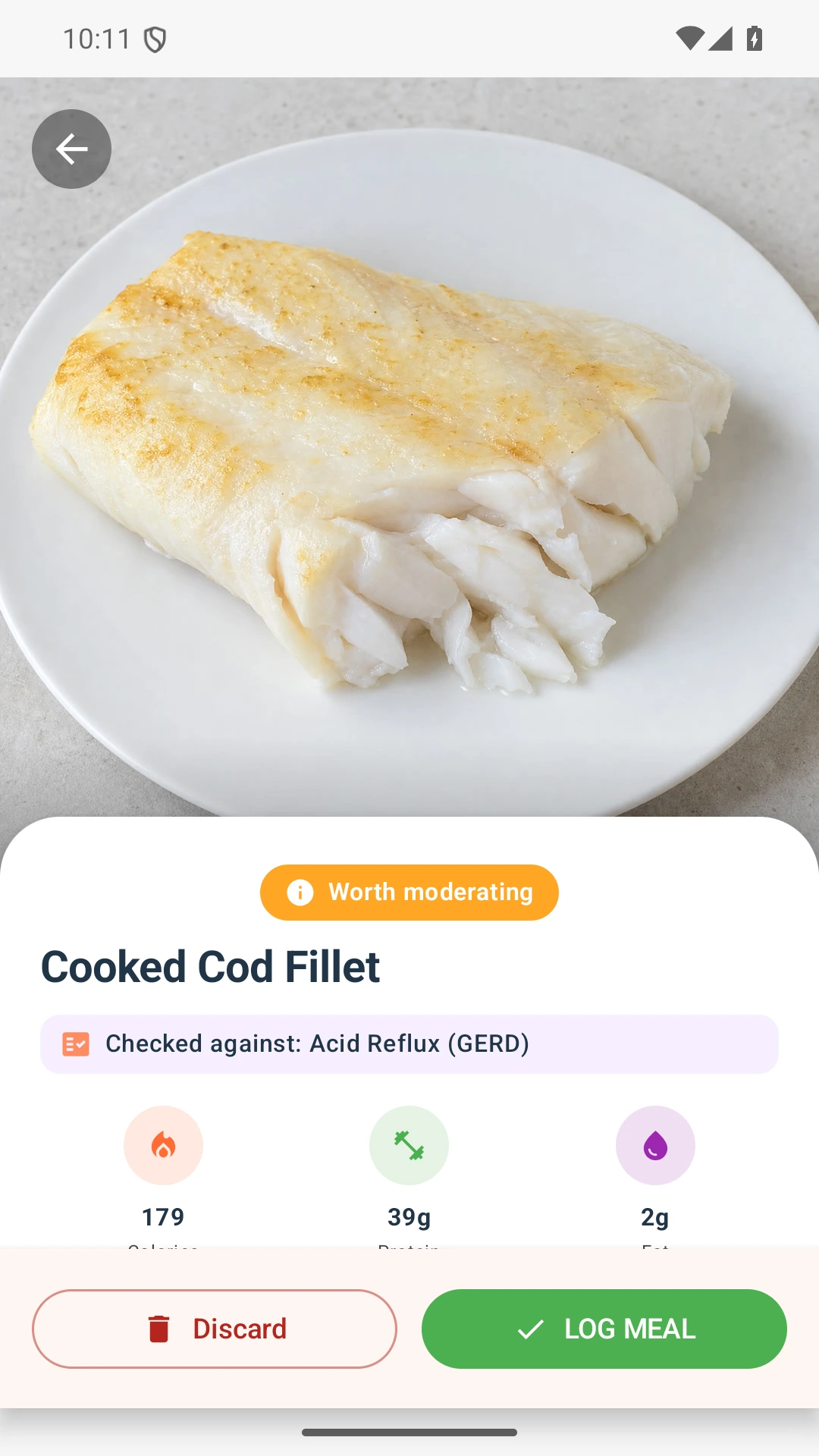 DietVox Cod scan showing an AMBER acid reflux rating