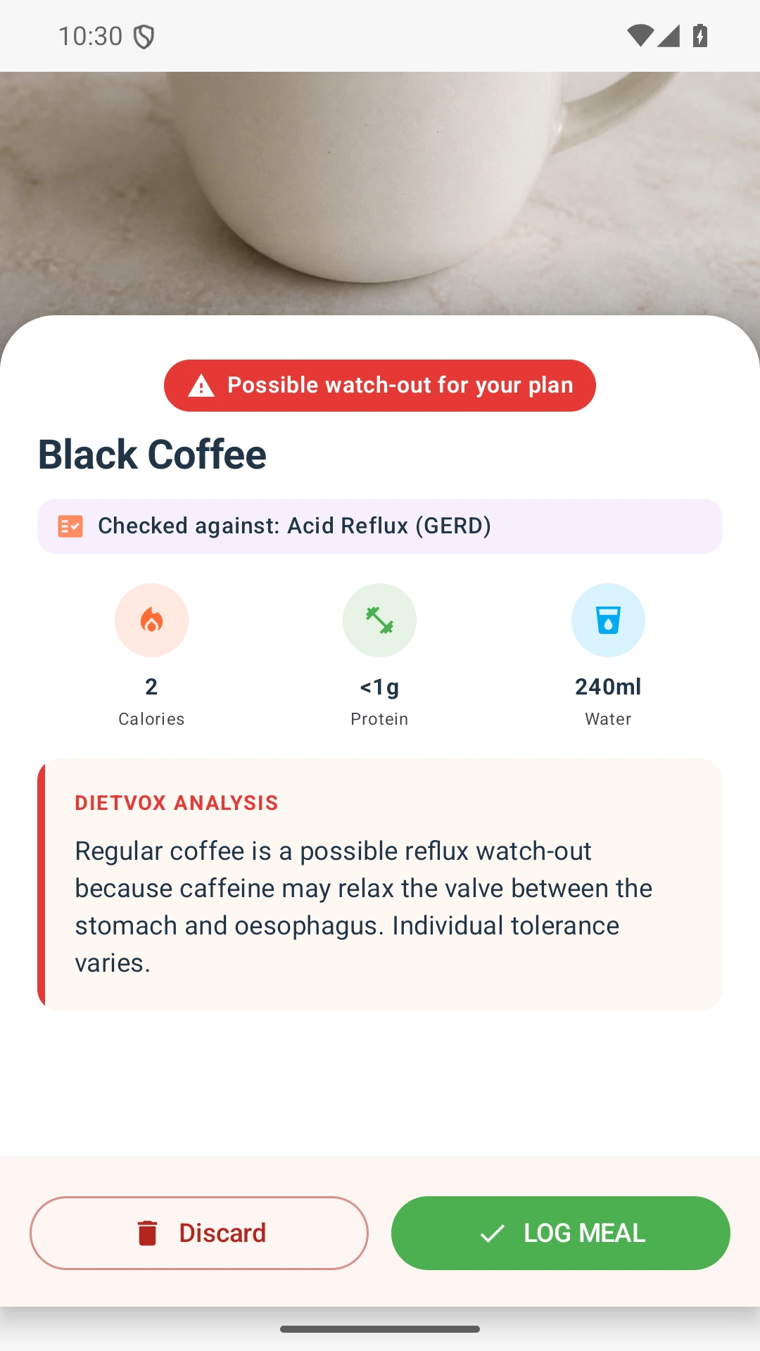 DietVox acid reflux analysis for Coffee with the verified rating explanation
