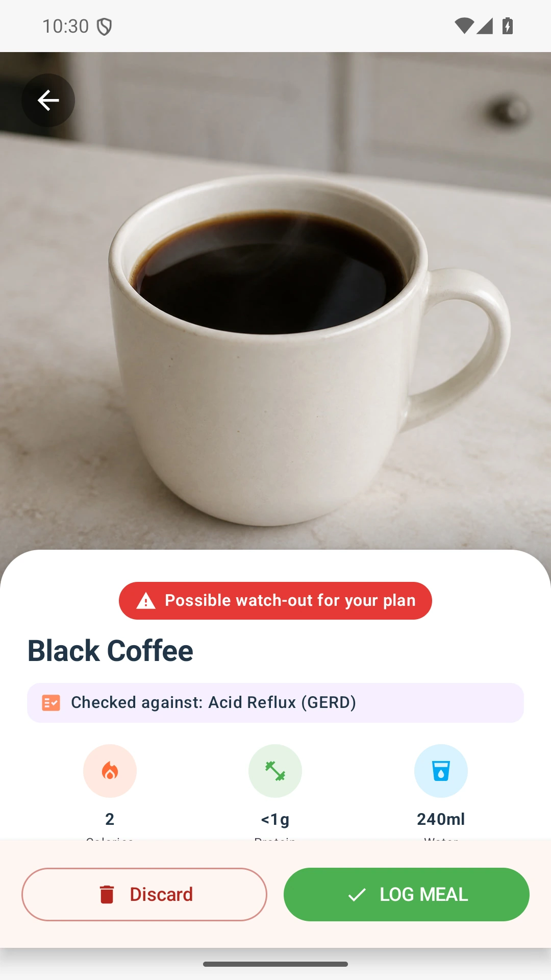 DietVox Coffee scan showing a RED acid reflux rating