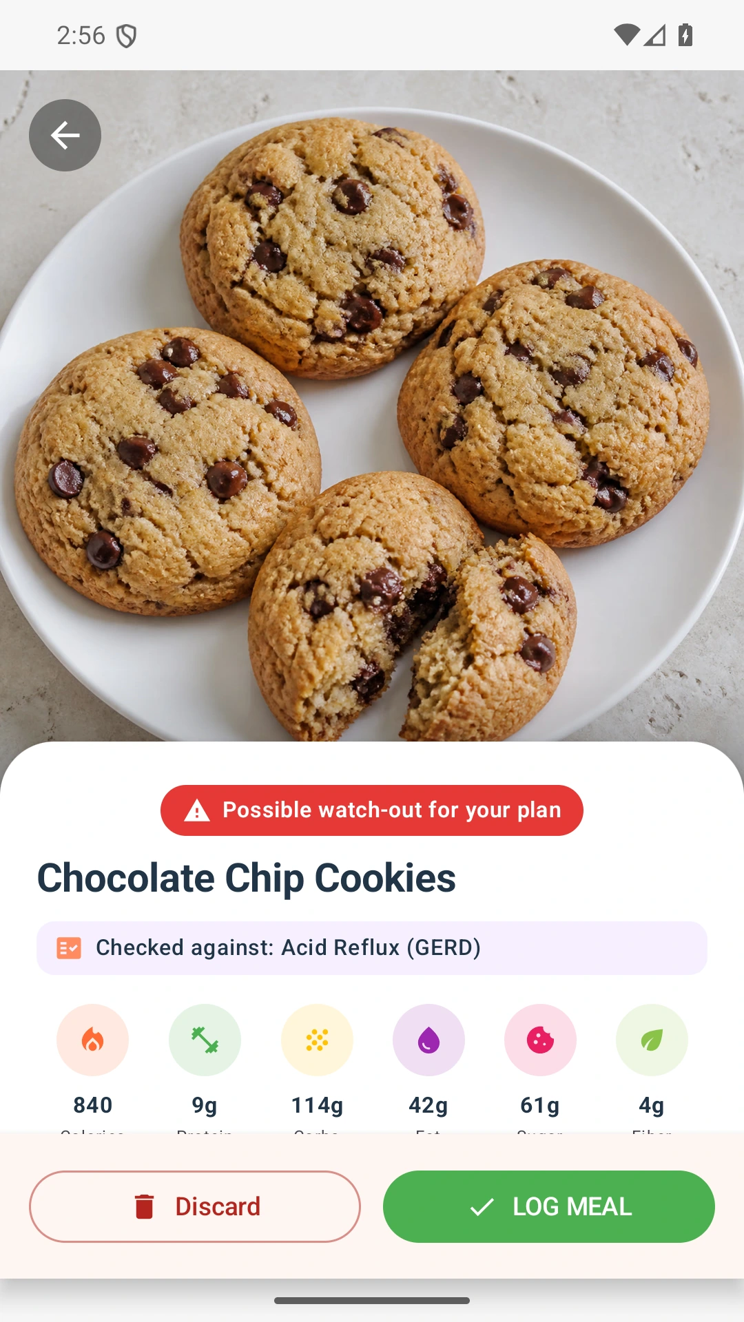 DietVox Cookies scan showing a RED acid reflux rating