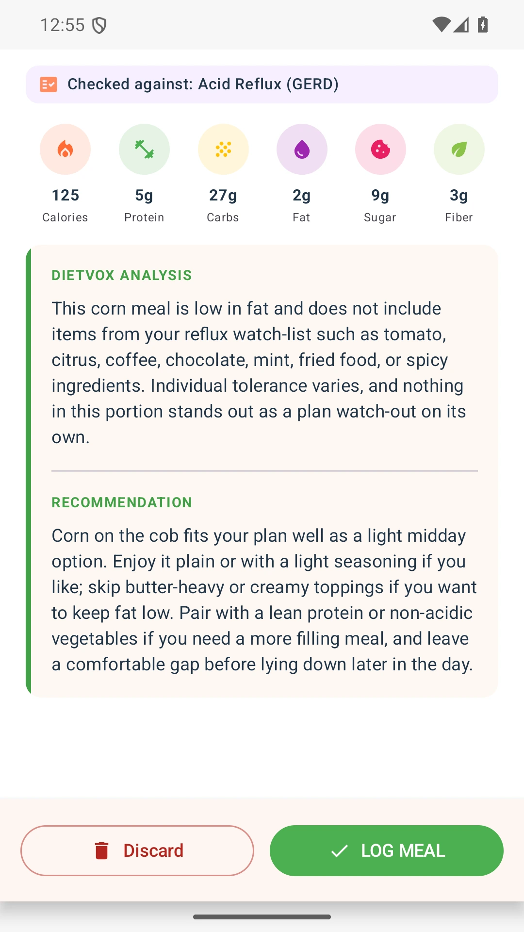 DietVox acid reflux analysis for Corn with the verified rating explanation