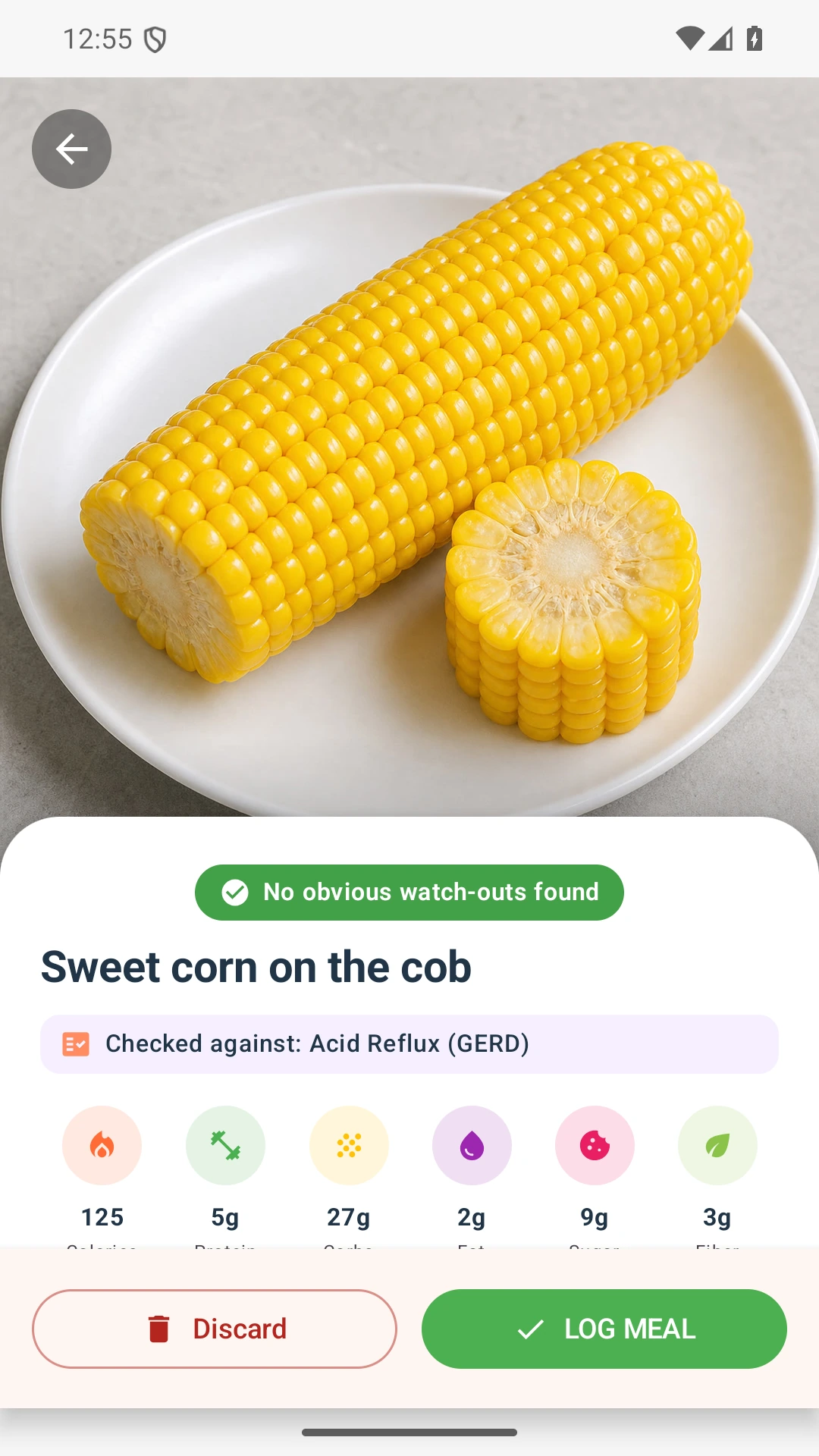 DietVox Corn scan showing a GREEN acid reflux rating
