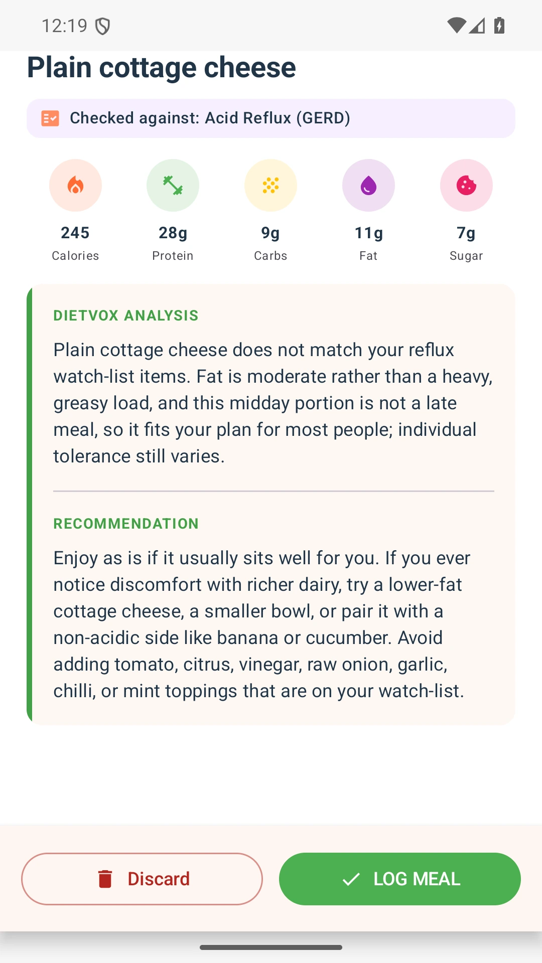 DietVox acid reflux analysis for Cottage Cheese with the verified rating explanation