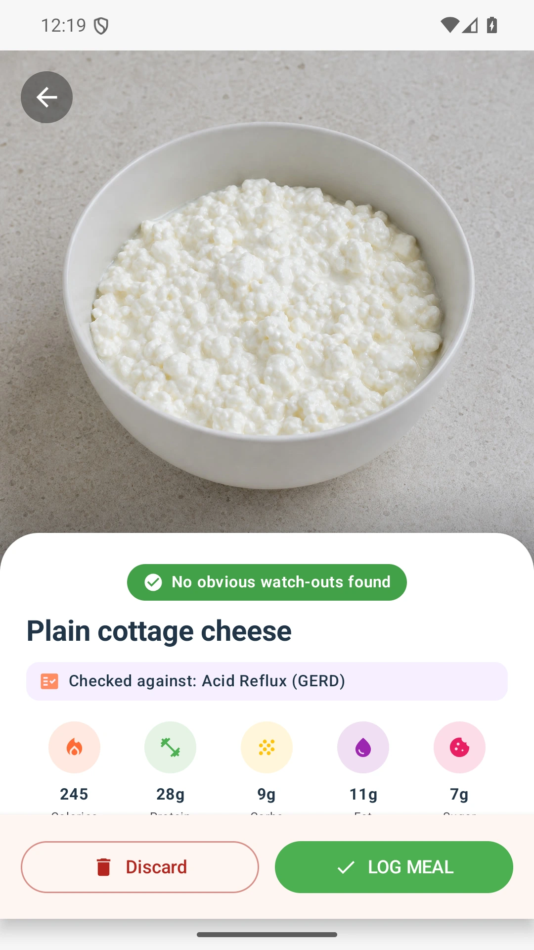 DietVox Cottage Cheese scan showing a GREEN acid reflux rating