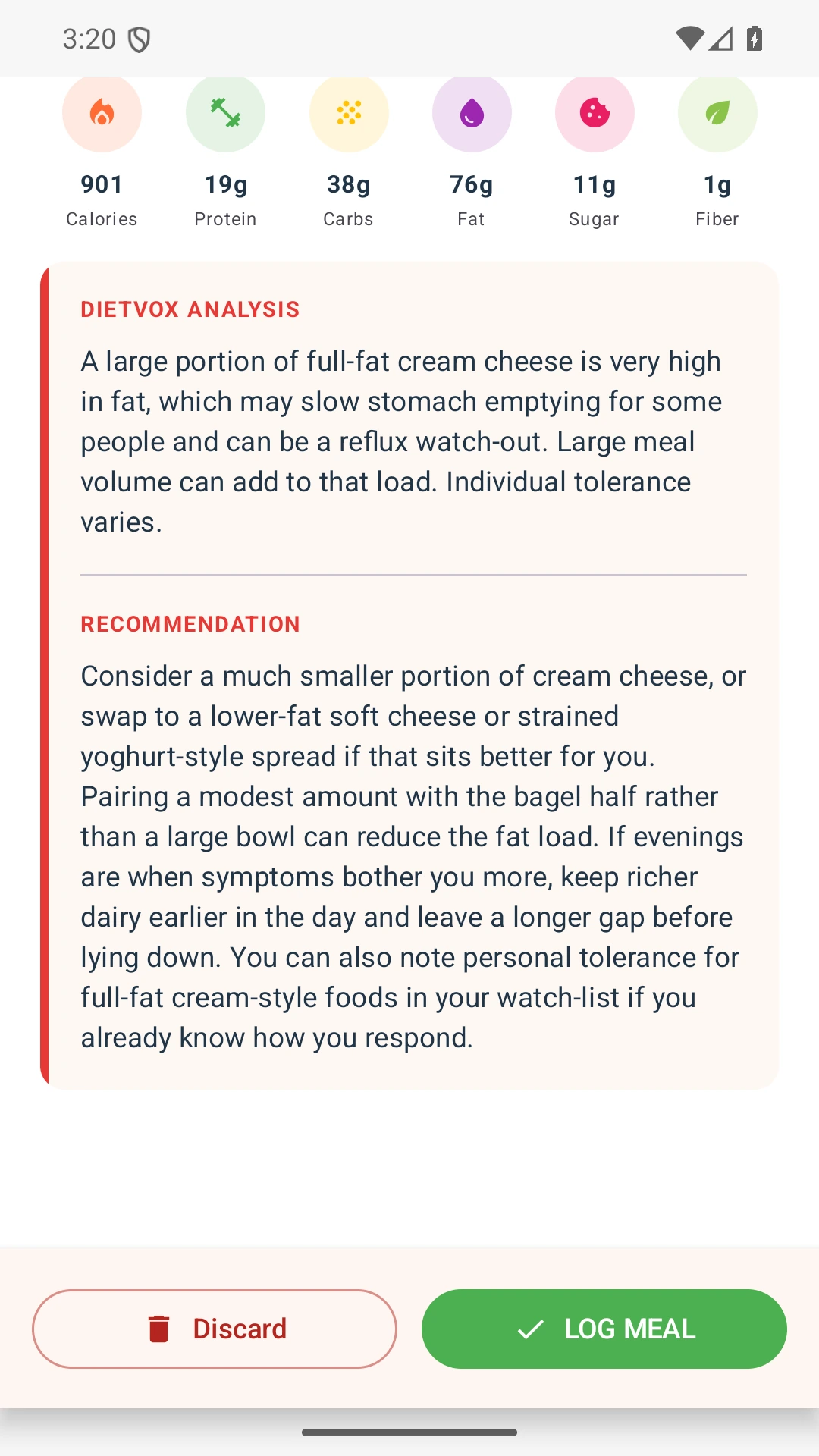 DietVox acid reflux analysis for Cream Cheese with the verified rating explanation