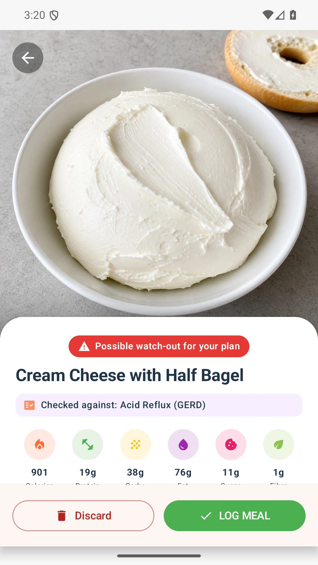 DietVox Cream Cheese scan showing a RED acid reflux rating