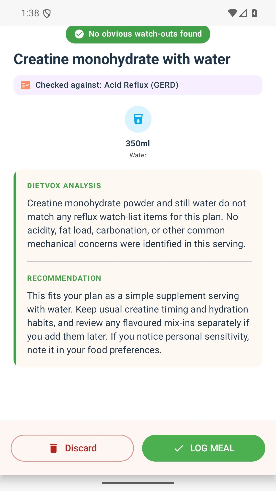 DietVox acid reflux analysis for Creatine with the verified rating explanation