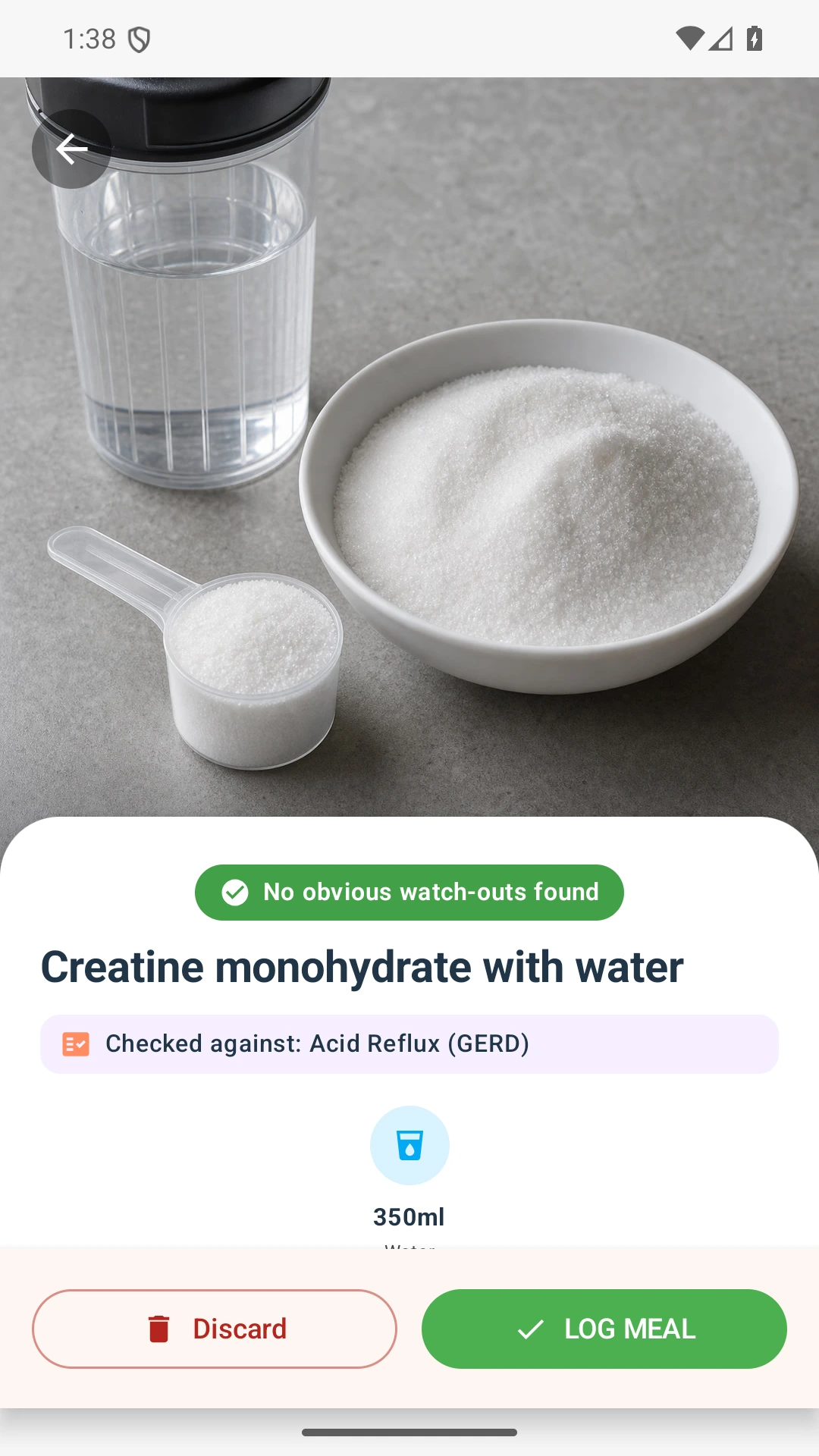 DietVox Creatine scan showing a GREEN acid reflux rating