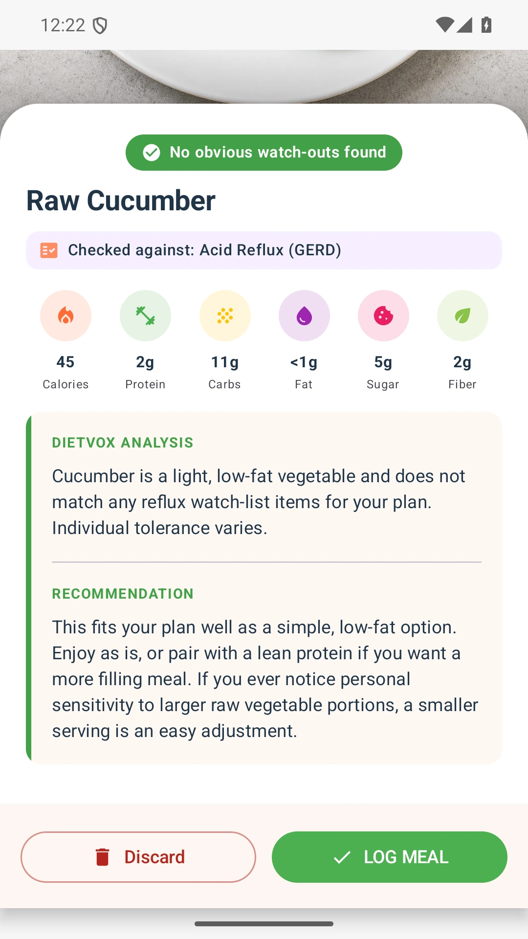 DietVox acid reflux analysis for Cucumber with the verified rating explanation