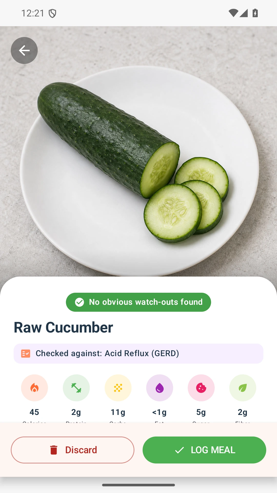 DietVox Cucumber scan showing a GREEN acid reflux rating