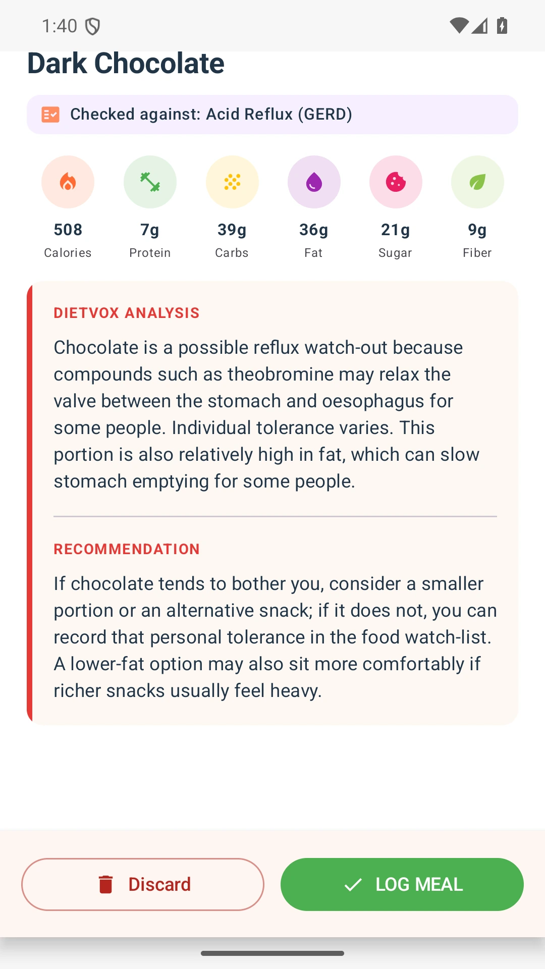 DietVox acid reflux analysis for Dark Chocolate with the verified rating explanation