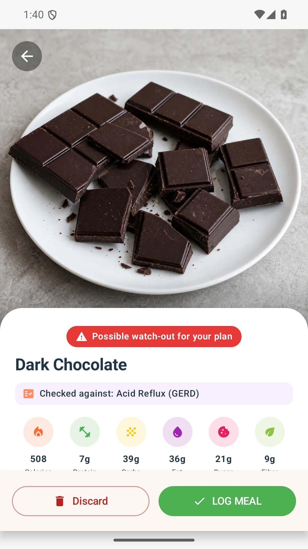 DietVox Dark Chocolate scan showing a RED acid reflux rating