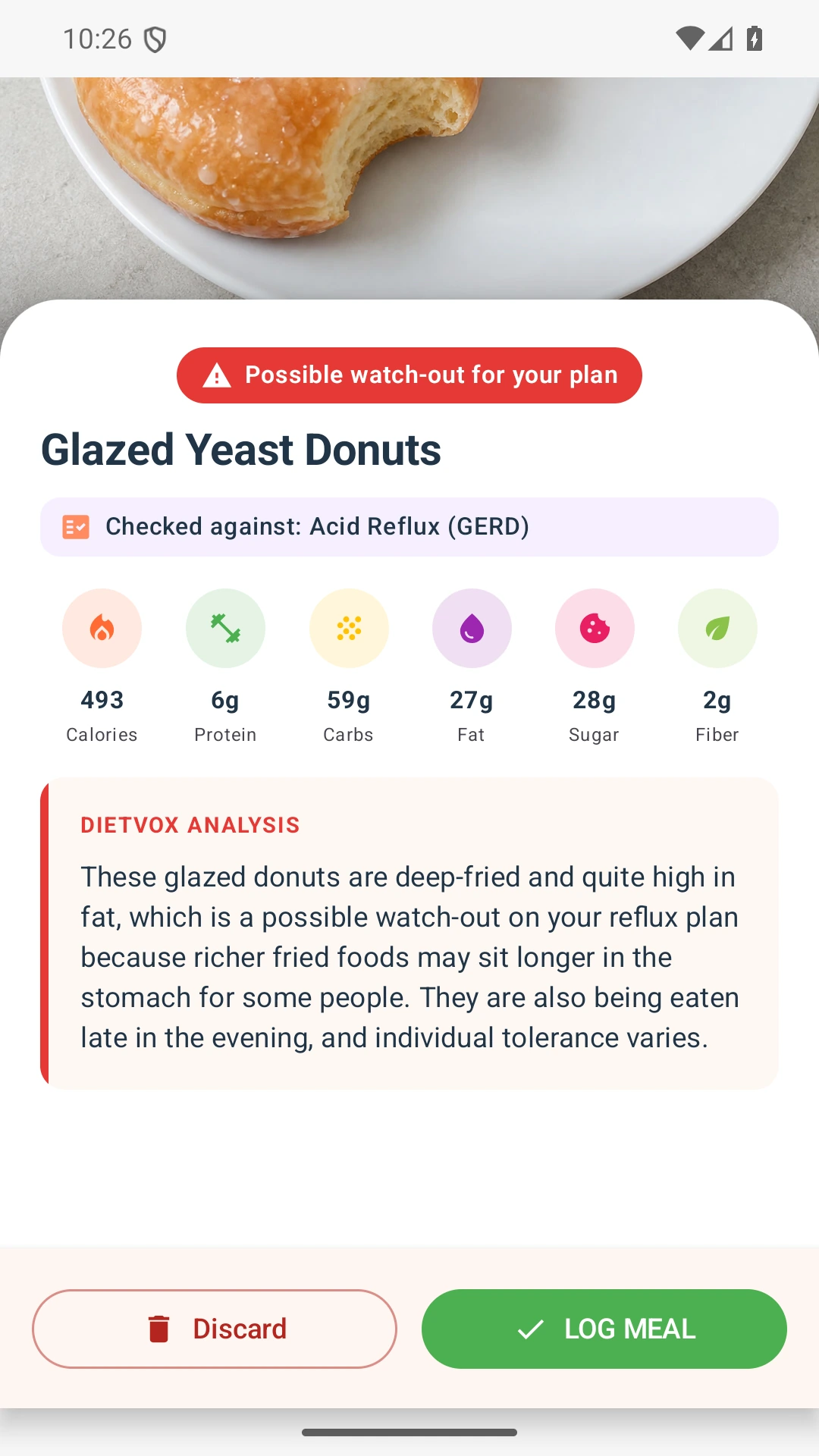 DietVox acid reflux analysis for Donuts with the verified rating explanation