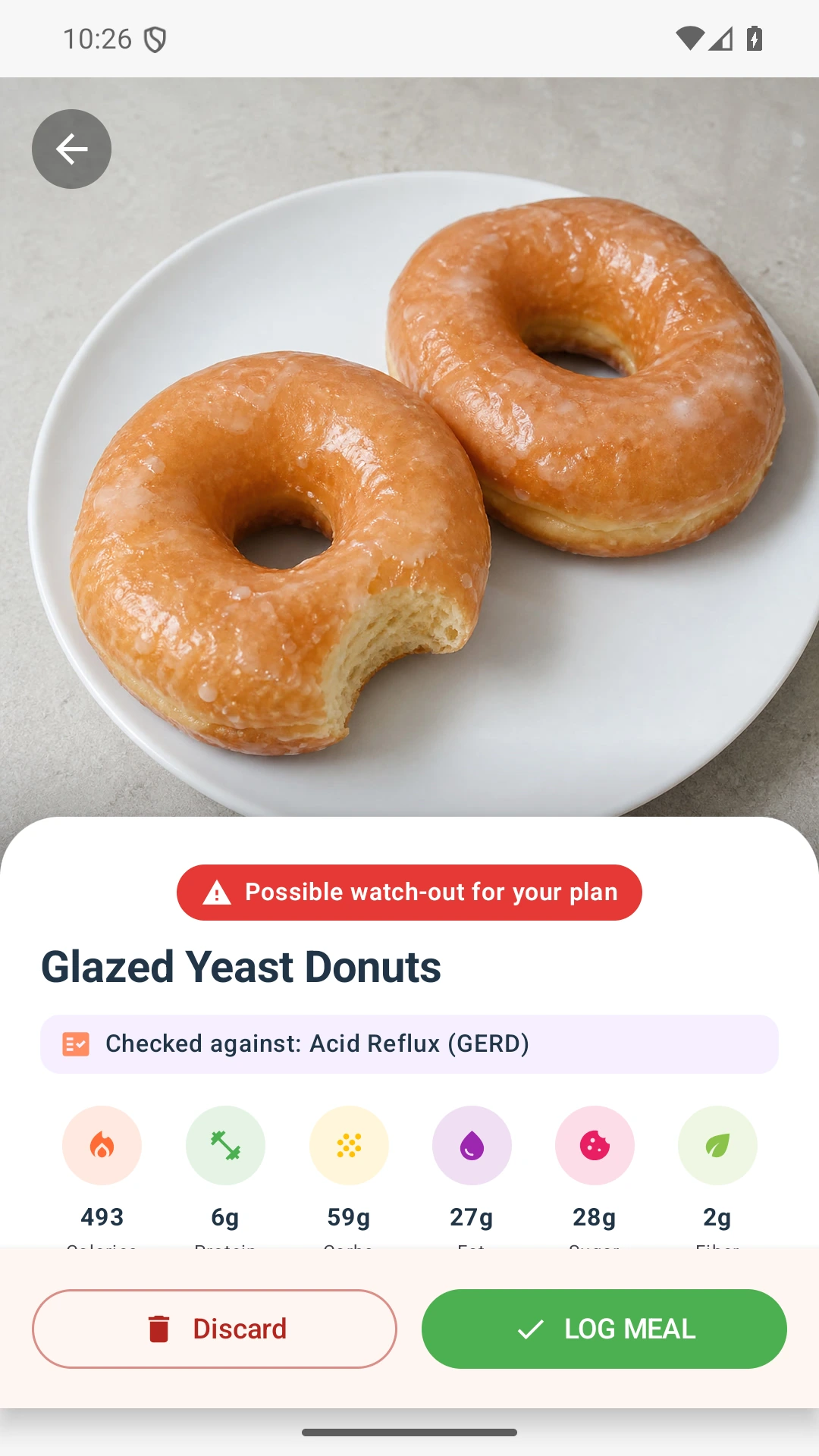 DietVox Donuts scan showing a RED acid reflux rating