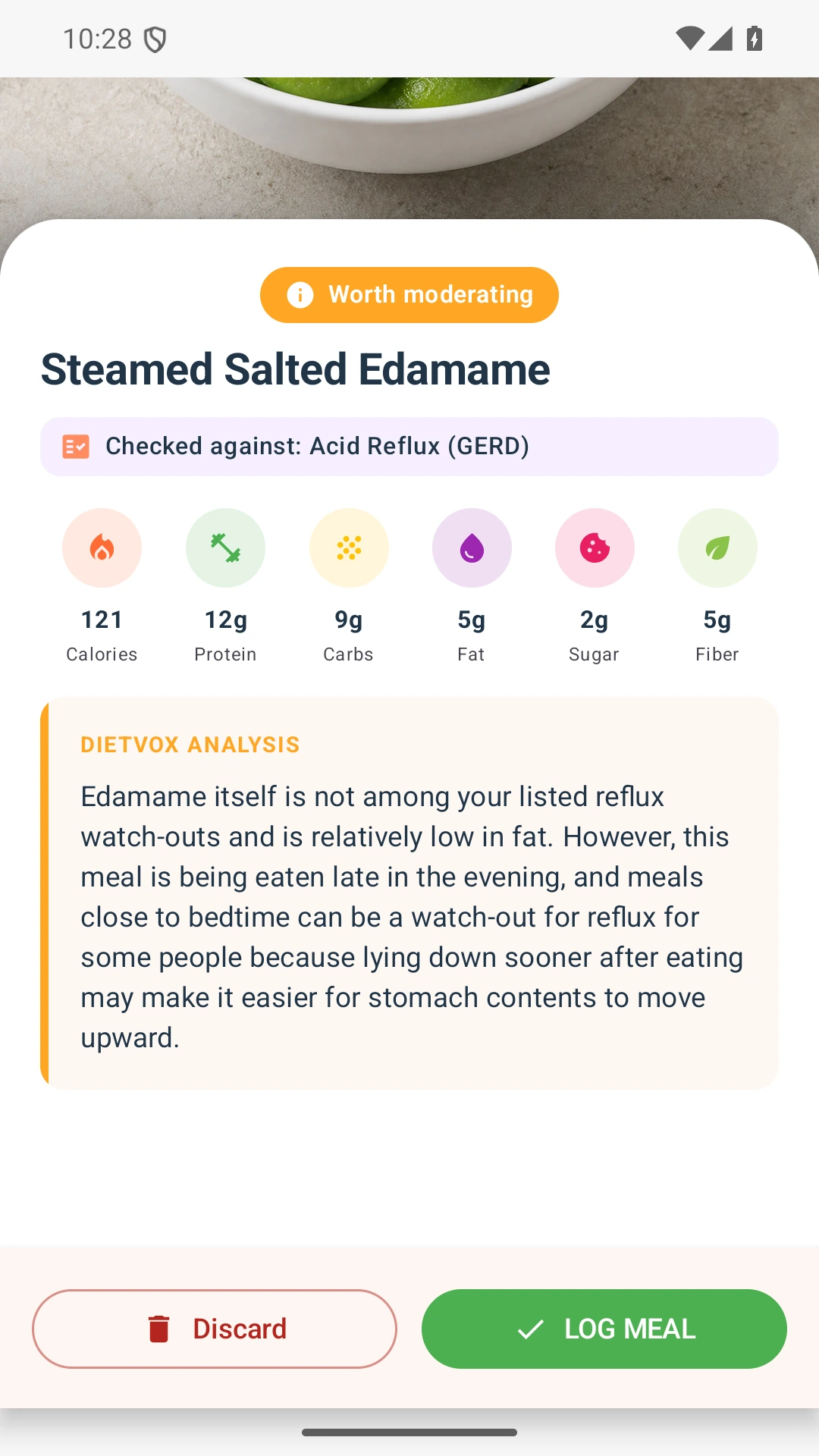 DietVox acid reflux analysis for Edamame with the verified rating explanation