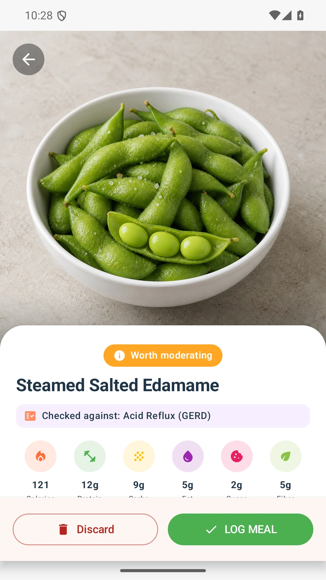 DietVox Edamame scan showing an AMBER acid reflux rating