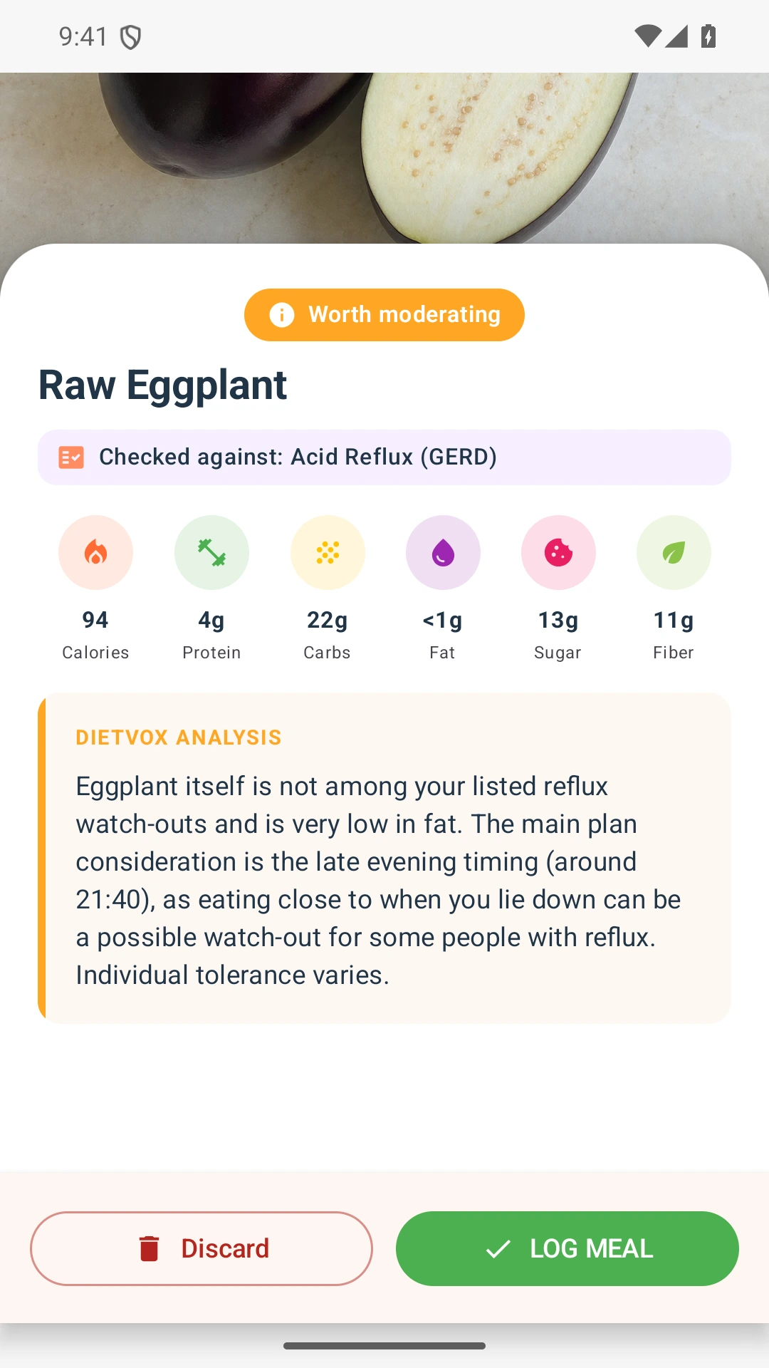 DietVox acid reflux analysis for Eggplant with the verified rating explanation