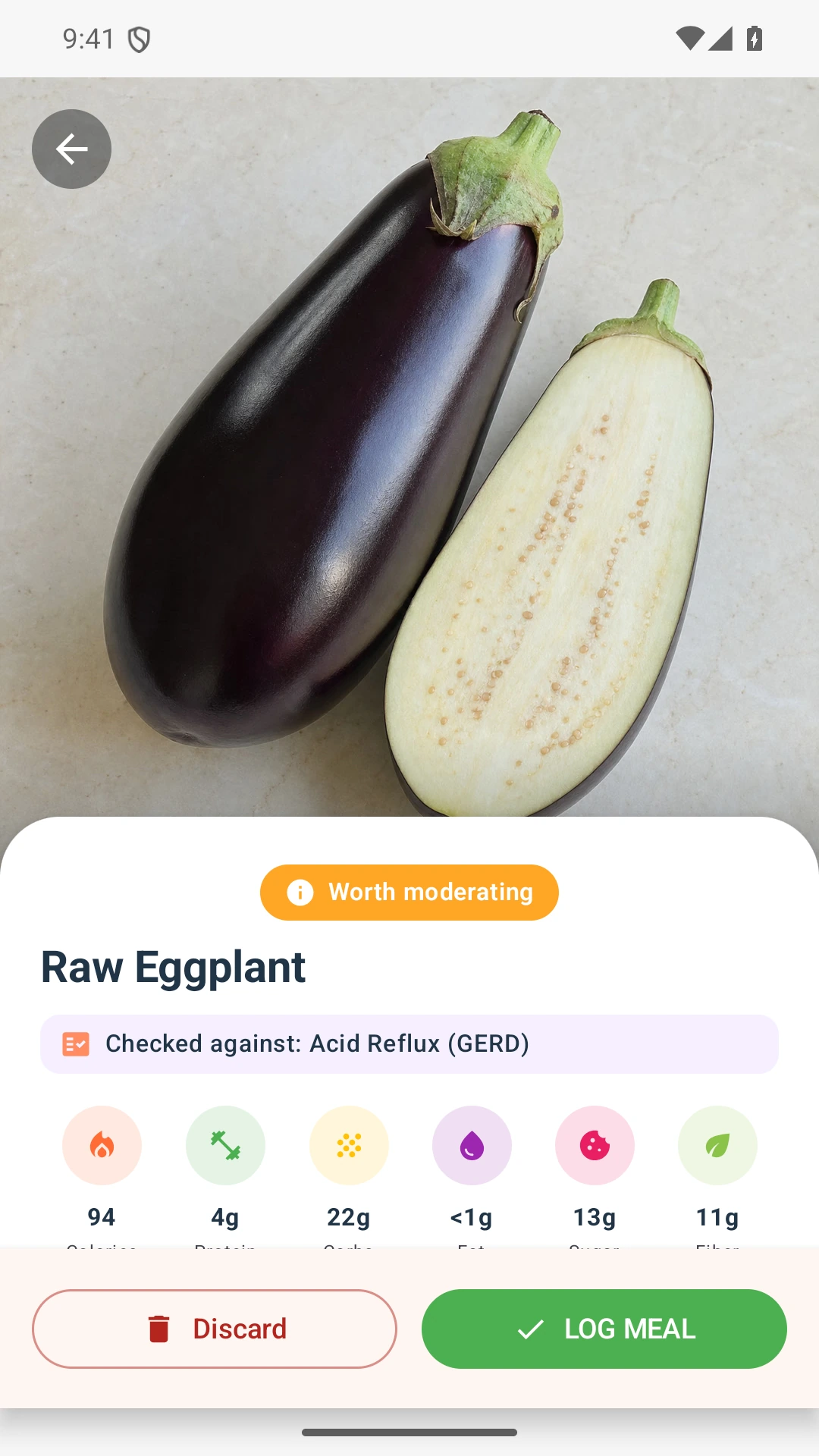 DietVox Eggplant scan showing an AMBER acid reflux rating
