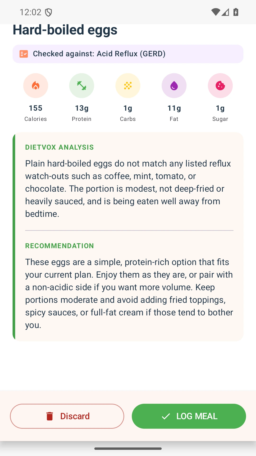 DietVox acid reflux analysis for Eggs with the verified rating explanation