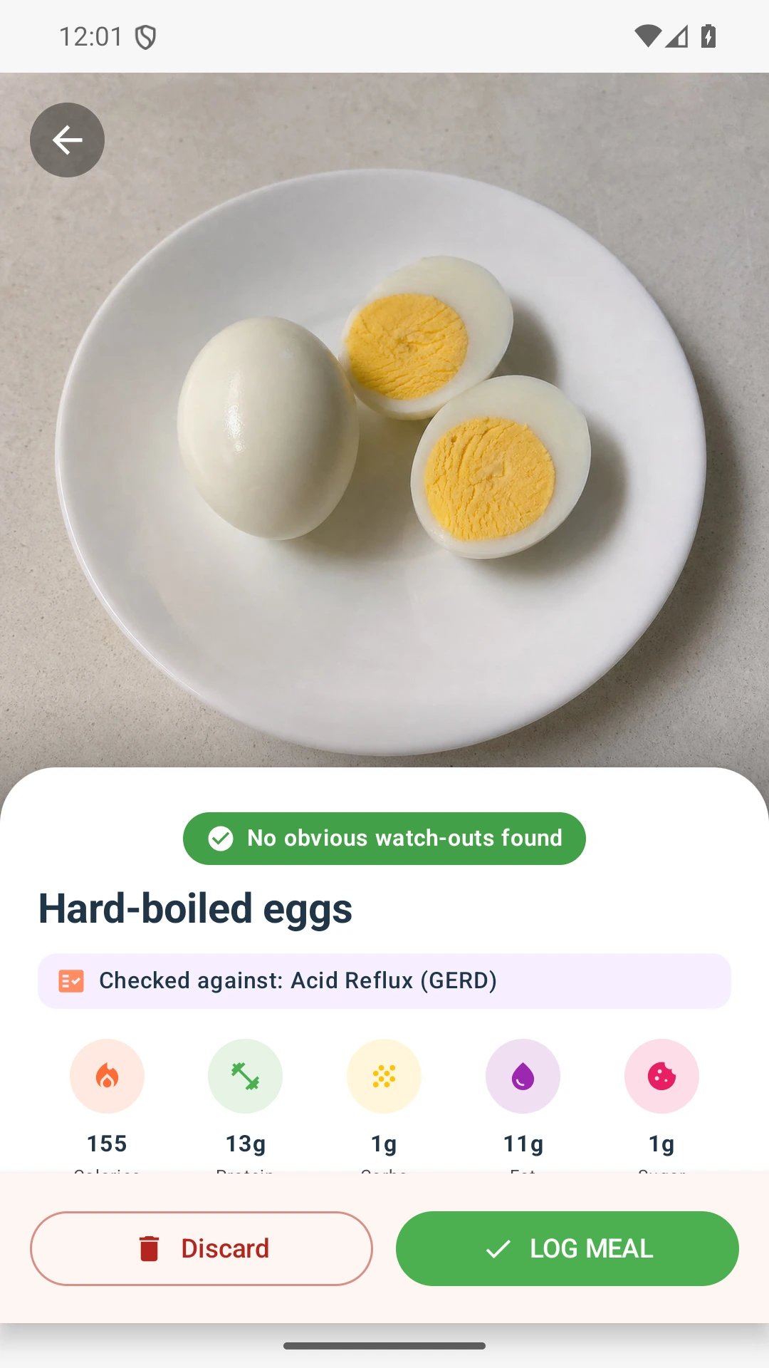 DietVox Eggs scan showing a GREEN acid reflux rating