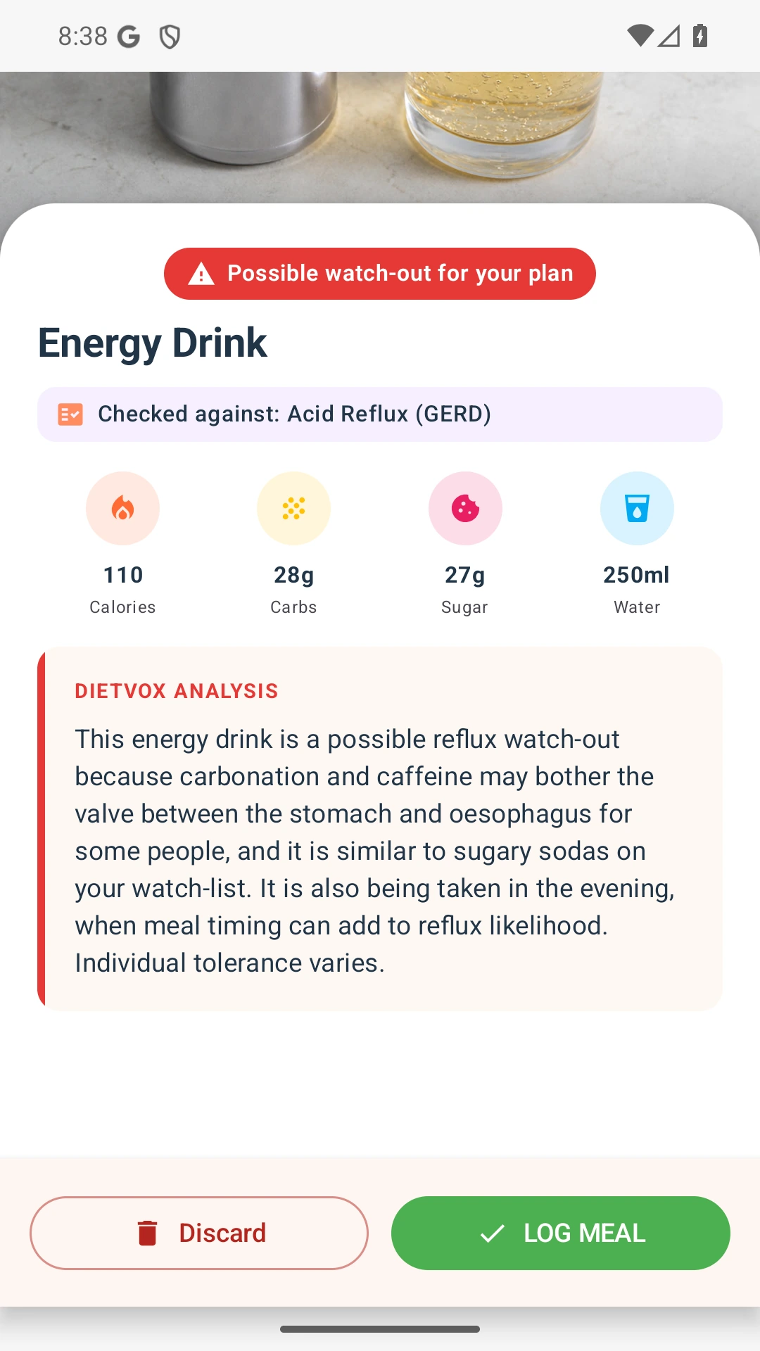 DietVox acid reflux analysis for Energy Drink with the verified rating explanation