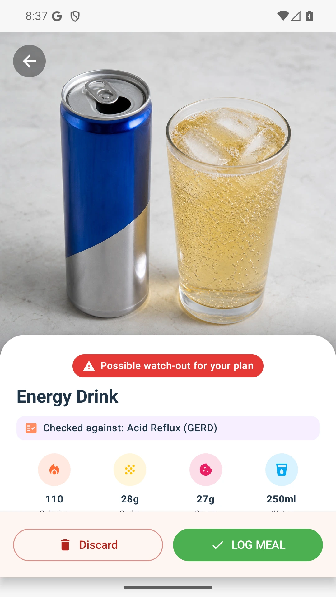 DietVox Energy Drink scan showing a RED acid reflux rating